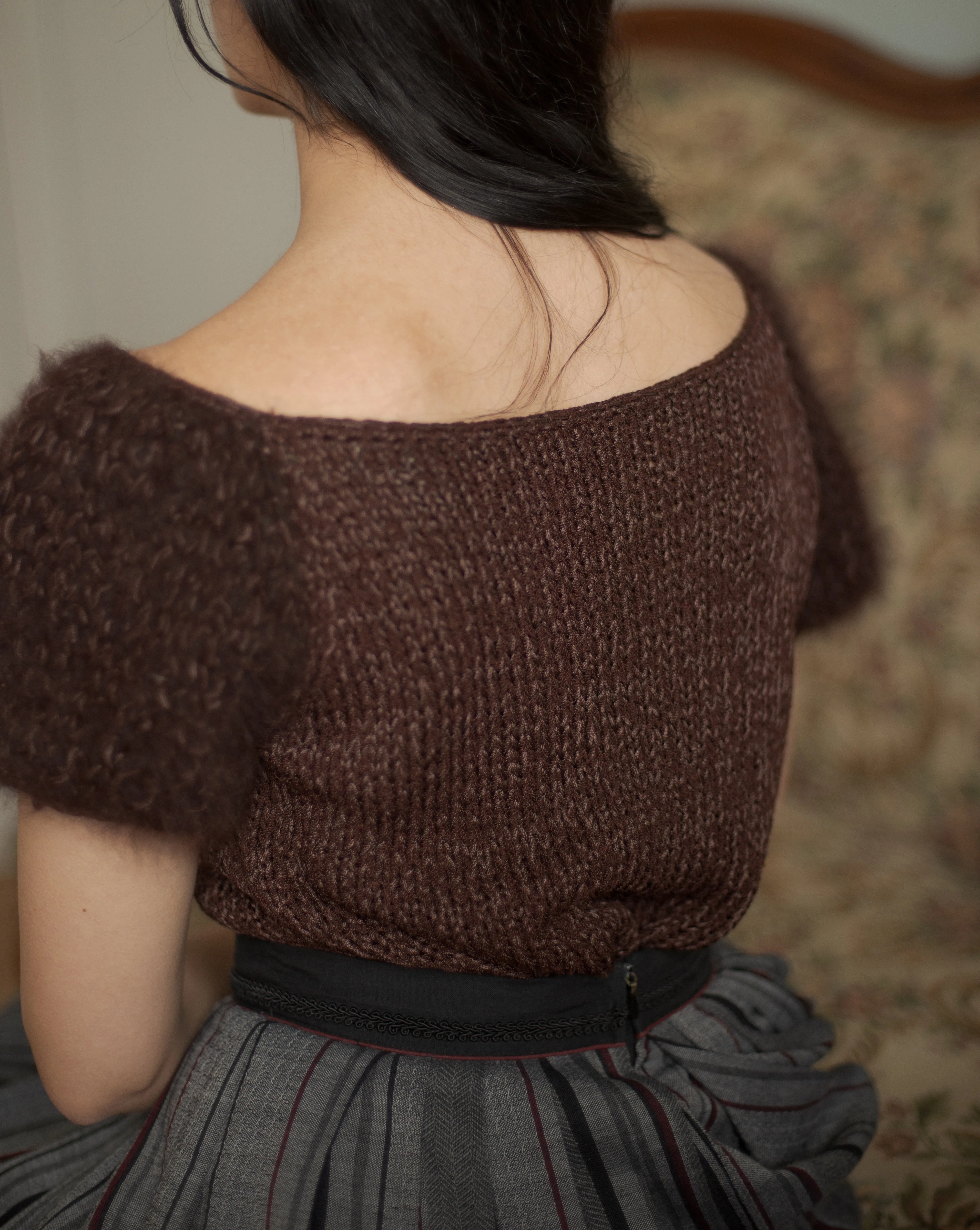 80s burgundy stockinette stitch angora puff sleeve blouse, fits up to large