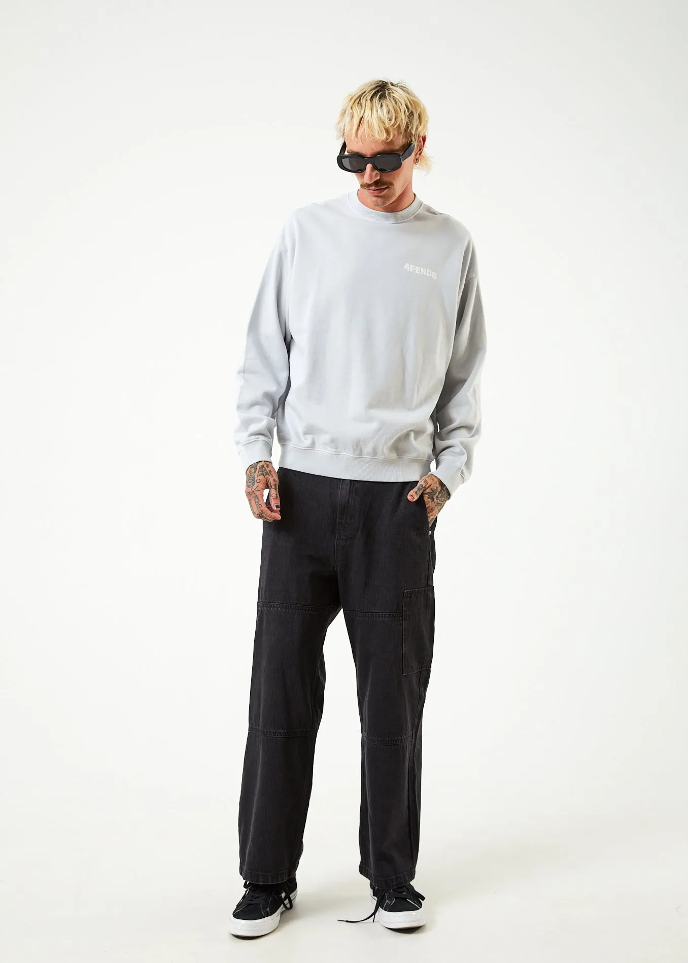 AFENDS Mens Vortex - Crew Neck Jumper - Smoke