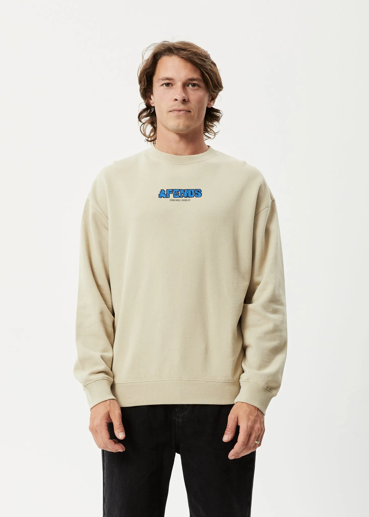 AFENDS Mens World - Crew Neck Jumper- Cement