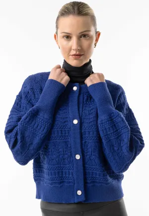 Angeleye Cable Knit Crew Button Cardigan In Navy