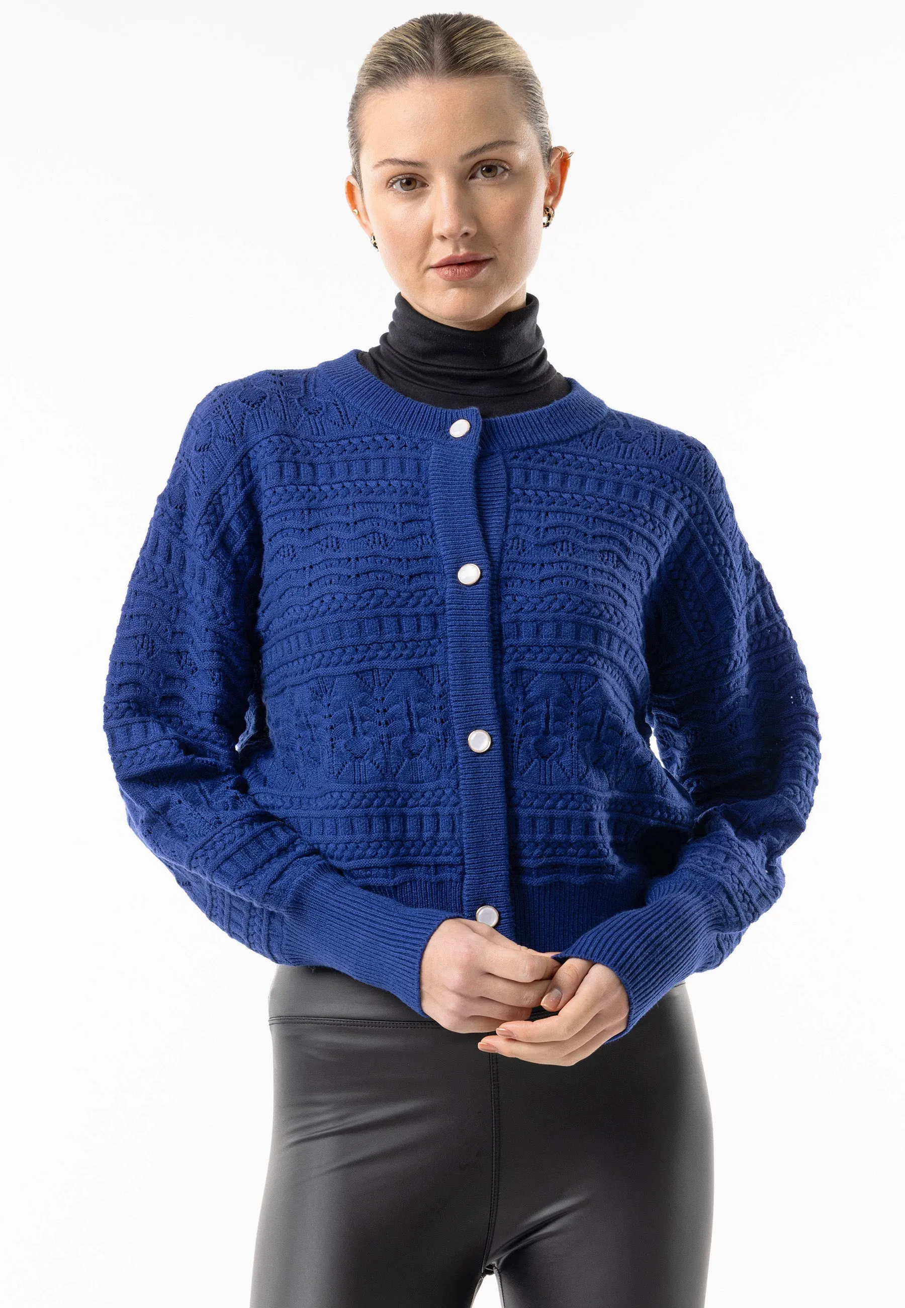 Angeleye Cable Knit Crew Button Cardigan In Navy