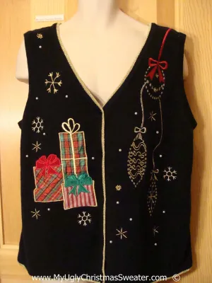 Black Festive Christmas Sweater Vest with Gifts and Ornaments