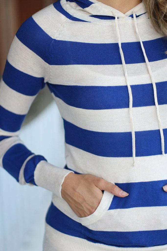 Blue Striped Knit Hoodie