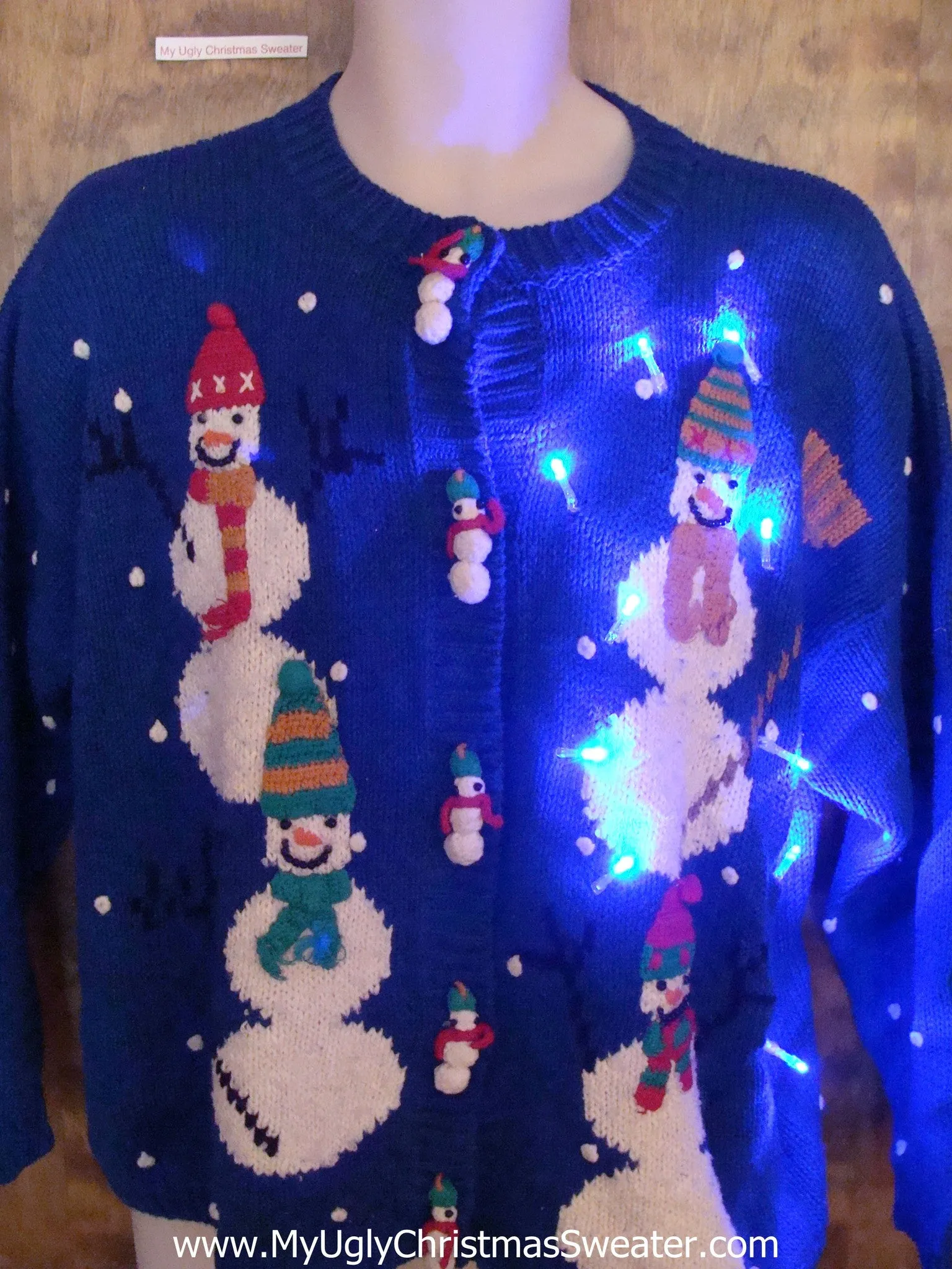 Bright Blue Light Up Ugly Xmas Sweater with Snowmen