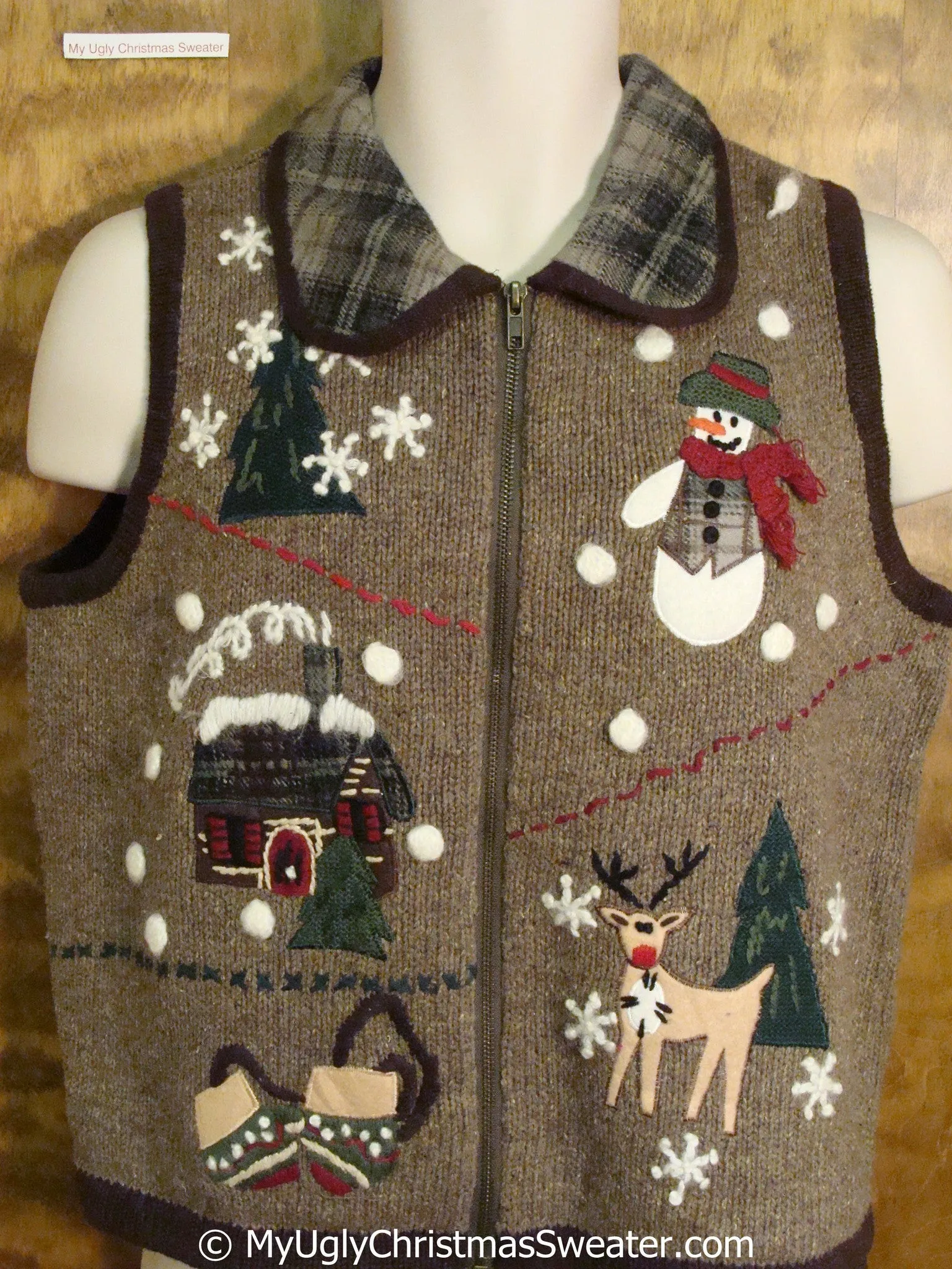 Brown Ugly Christmas Sweater Vest with Plaid Collar