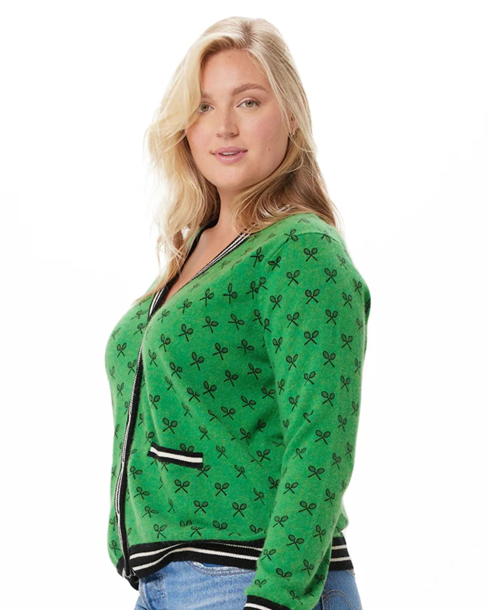 Cashmere Tennis Print Cardigan | Golf Green