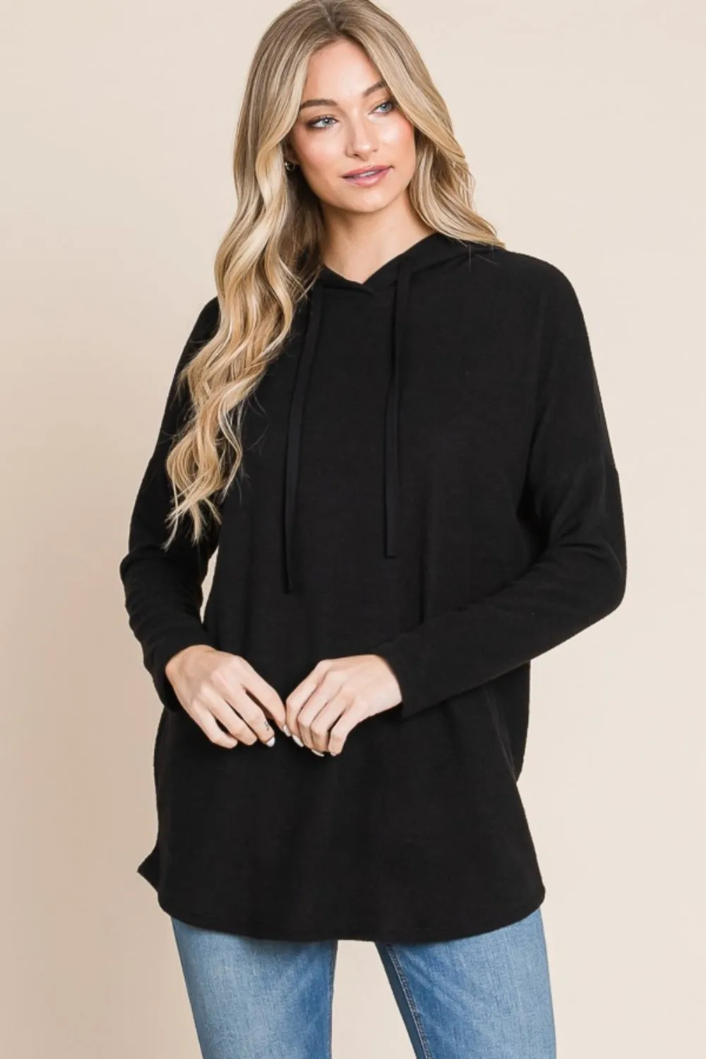 Contrast Drawstring Drop Shoulder Knit Hoodie