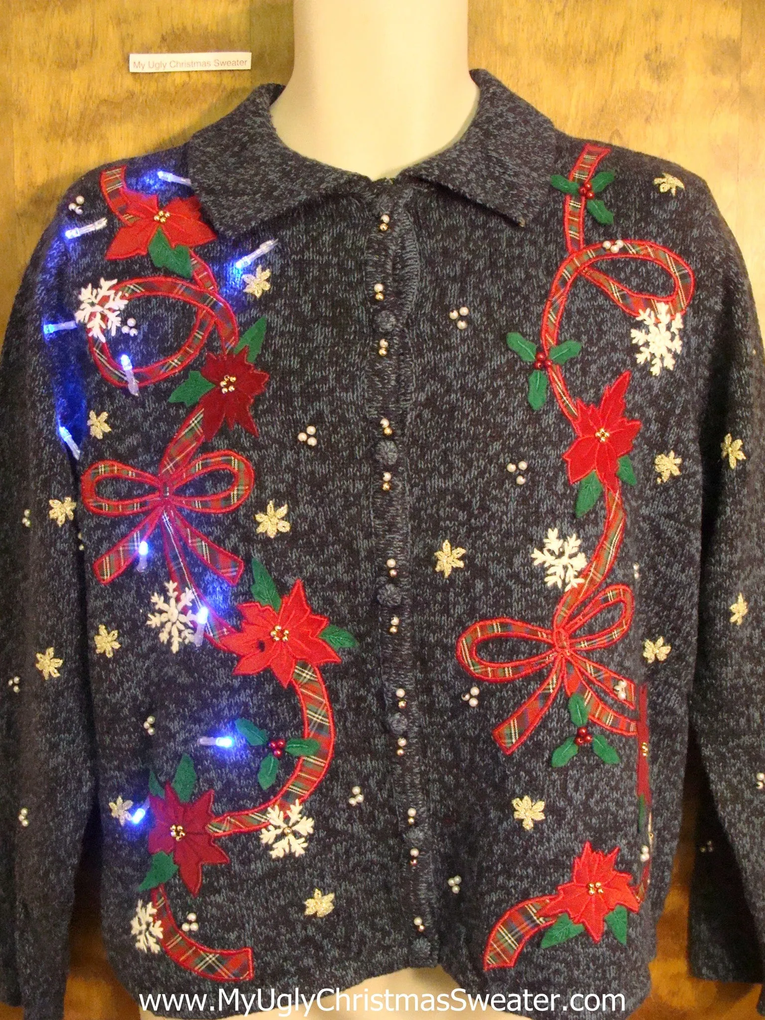 Crazy Bows and Poinsettias Christmas Sweater with Lights