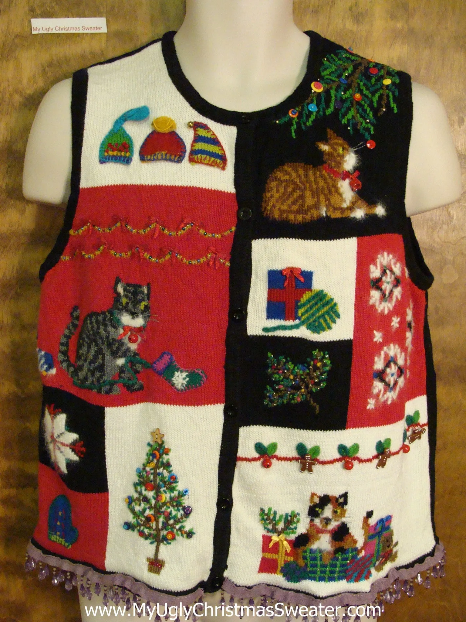 Crazy Cat Lady Ugly Christmas Sweater Vest with Fringe