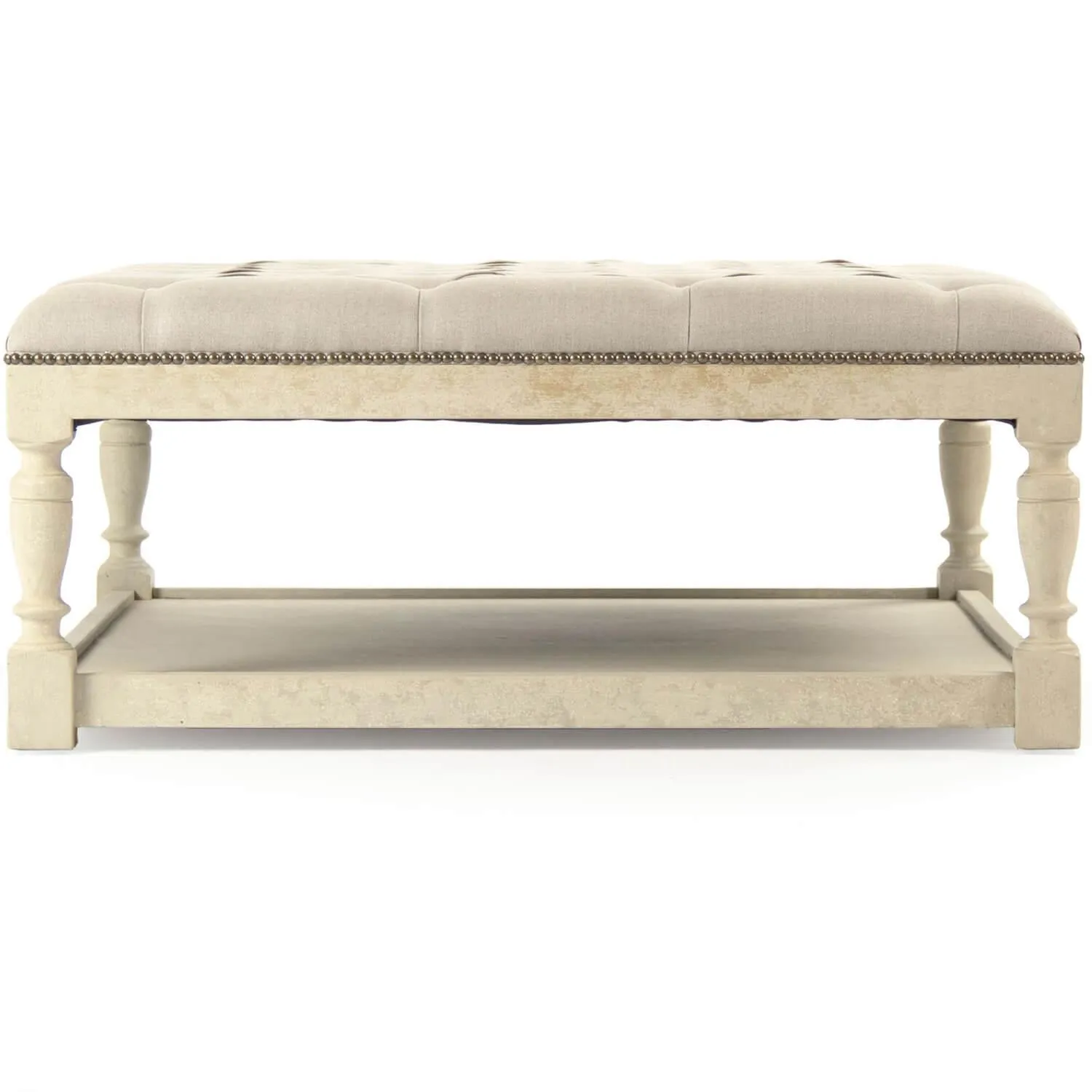 Distressed Off White Square Tufted Ottoman