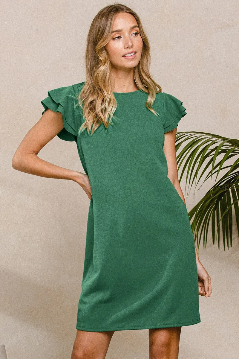 Forest Green Ruffle Sleeves Solid Tunic Dress