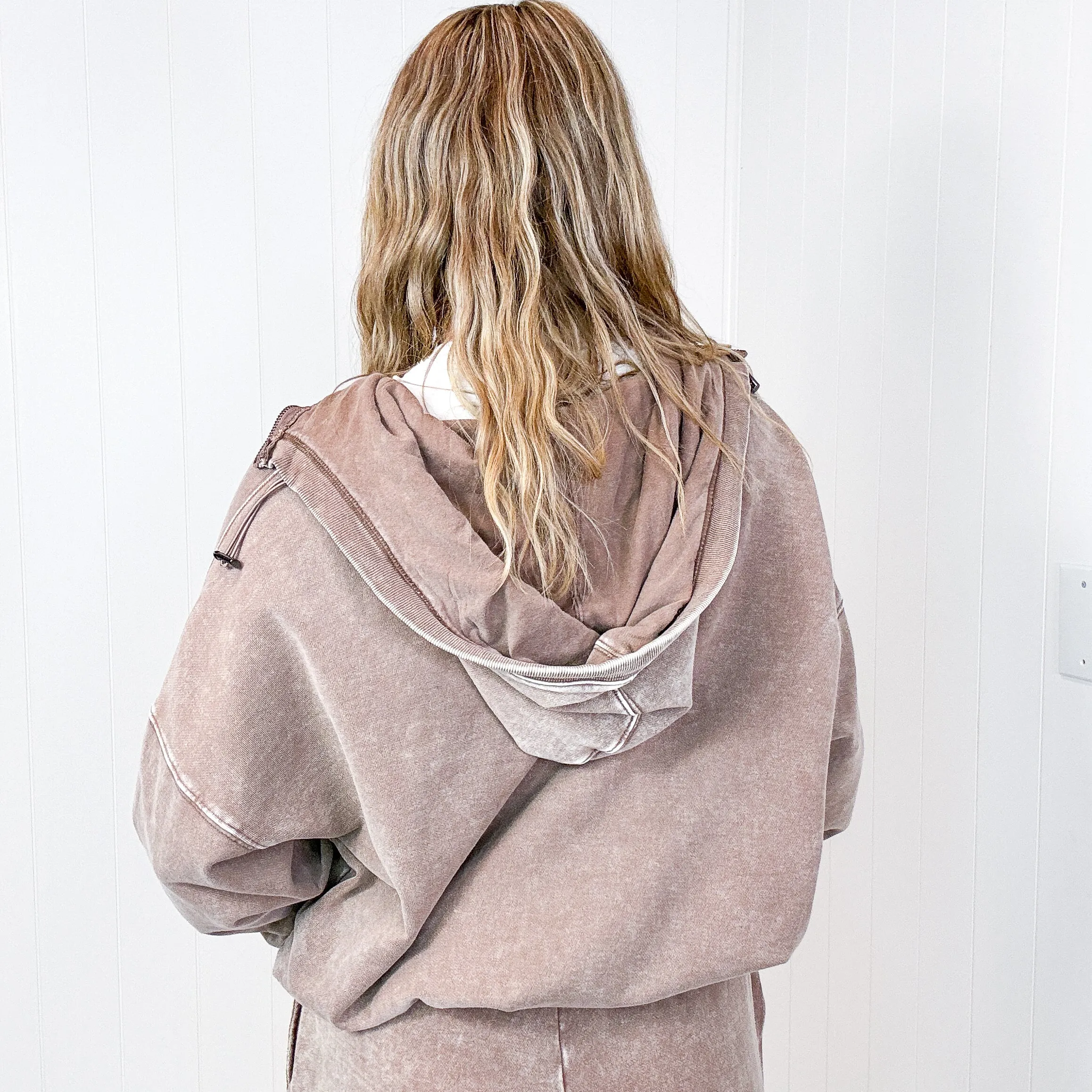 Fun on Fridays Mineral Washed Terry Knit Pullover Hoodie in Mocha