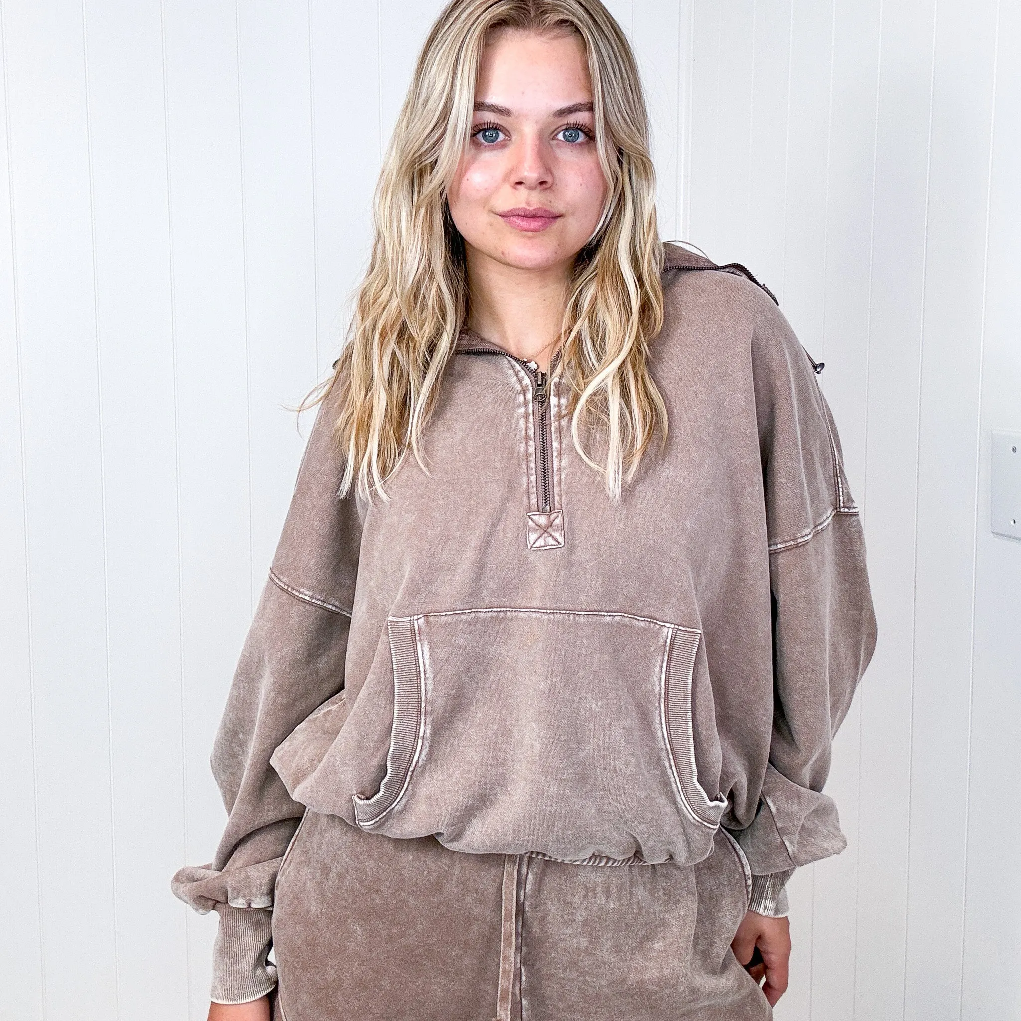 Fun on Fridays Mineral Washed Terry Knit Pullover Hoodie in Mocha