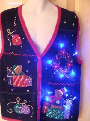 Funny Christmas Sweater Vest with Lights Bears, Wreath