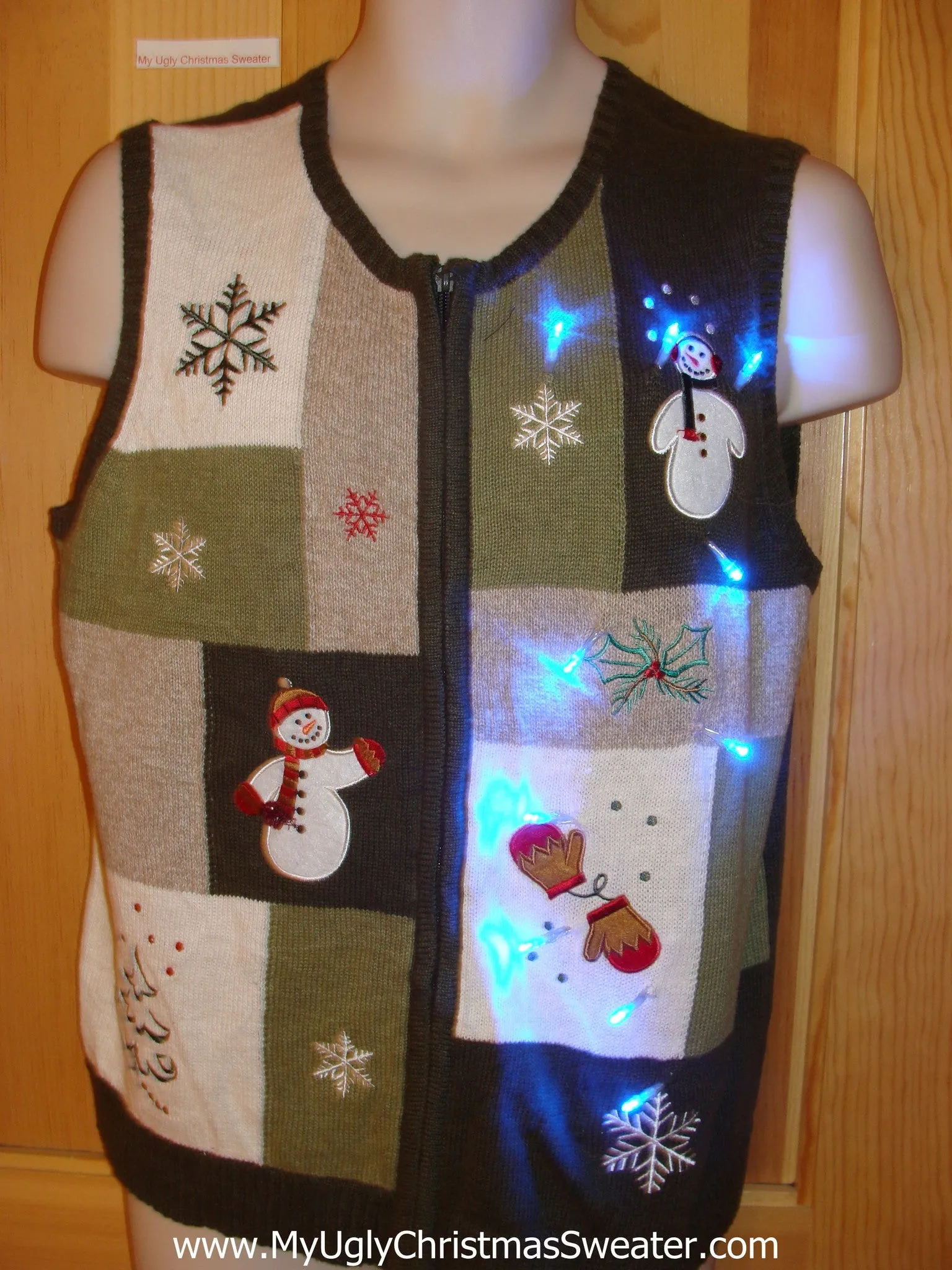 Funny Green Christmas Sweater Vest with Lights Snowmen