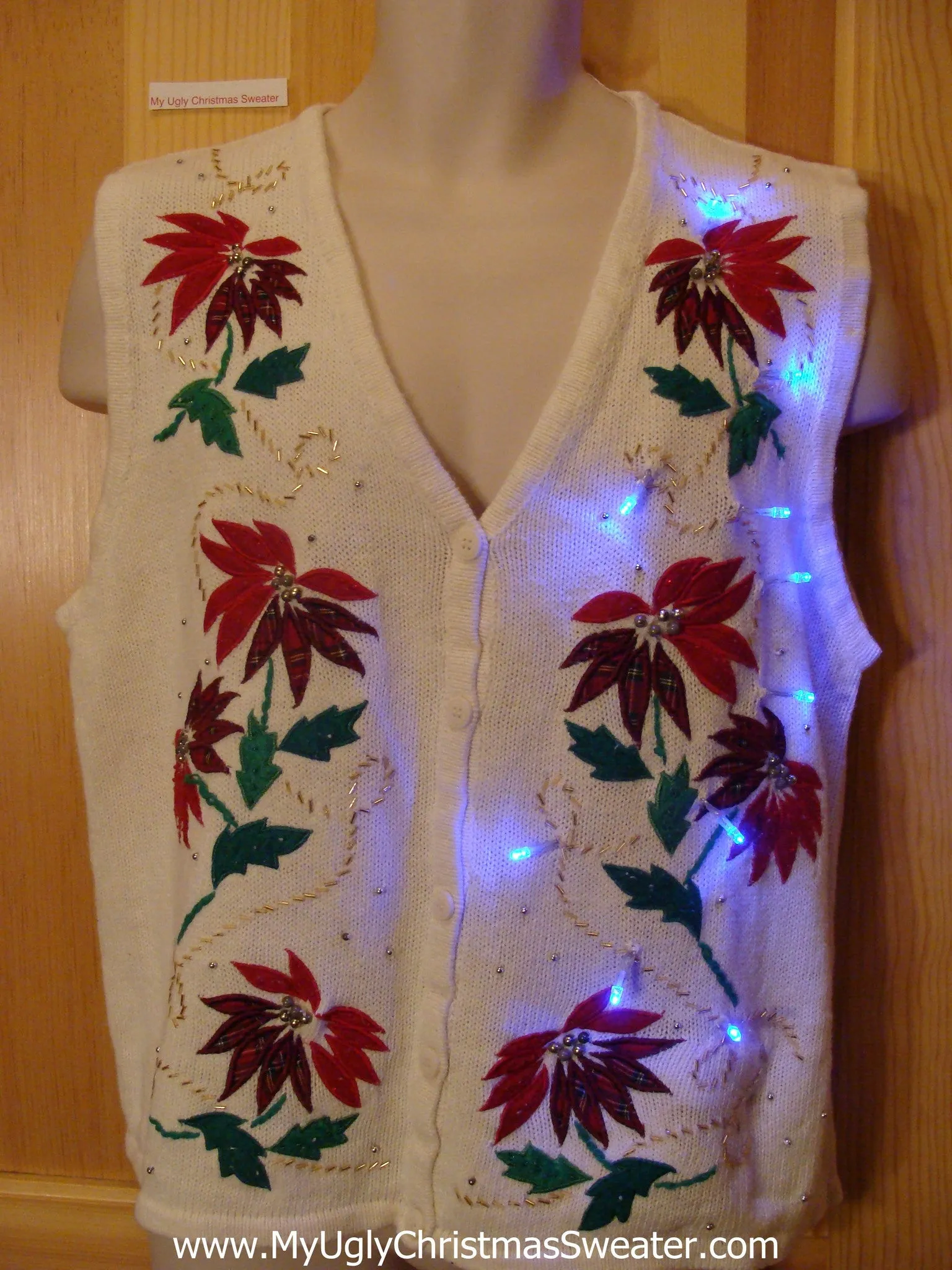 Light Up Christmas Sweater Vest Red Bling Poinsettias