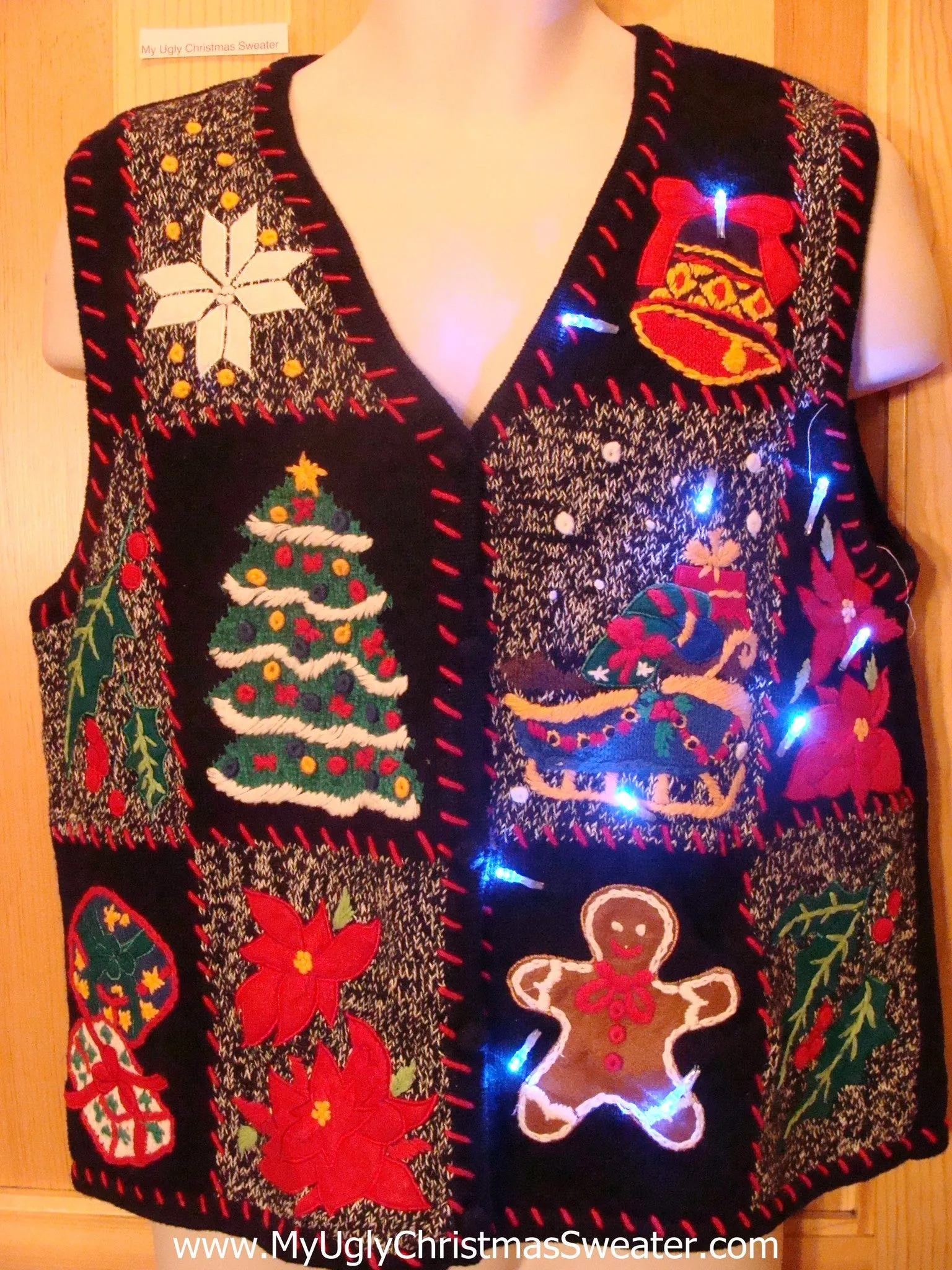 Light Up Ugly Xmas Sweater Vest with Red Embroidered Trim