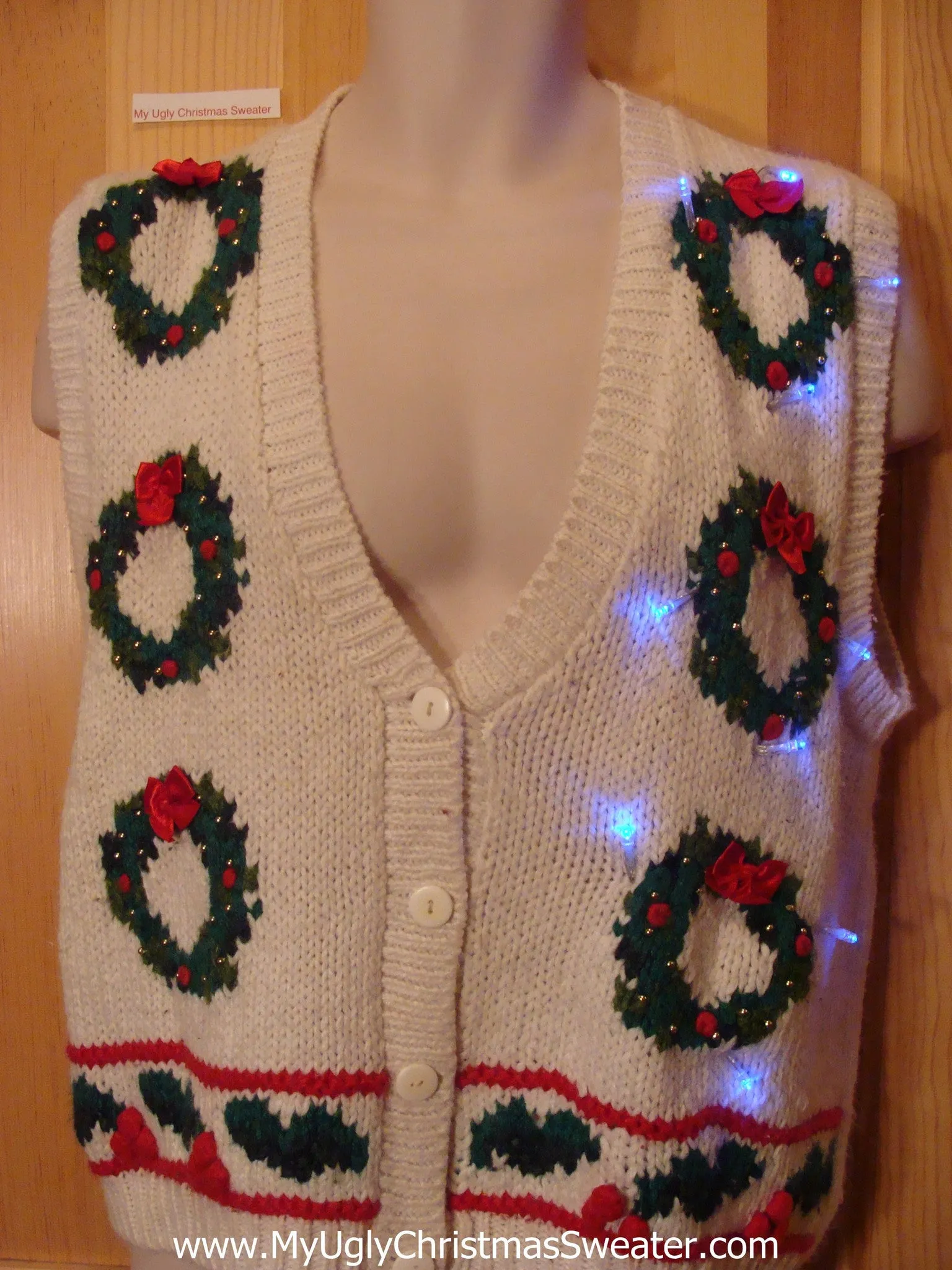 Light Up Ugly Xmas Sweater Vest with Wreathes and Ivy 80s Style