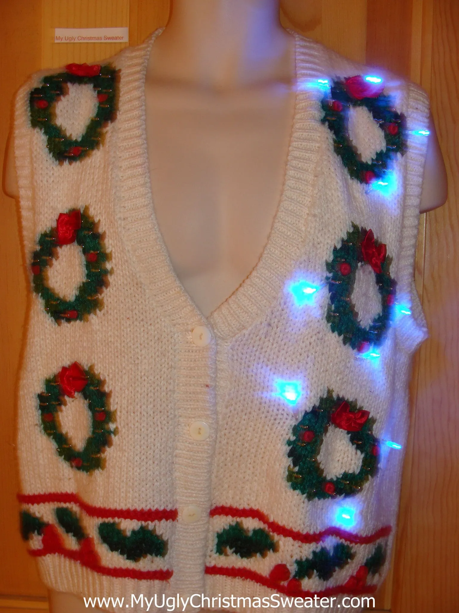 Light Up Ugly Xmas Sweater Vest with Wreathes and Ivy 80s Style