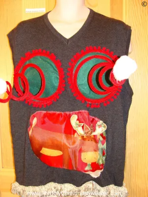 Mens Naughty Tacky Ugly Christmas Sweater Vest with Funny Springy 3D Accents, Puffy Reindeer,  and Fringe (r24)