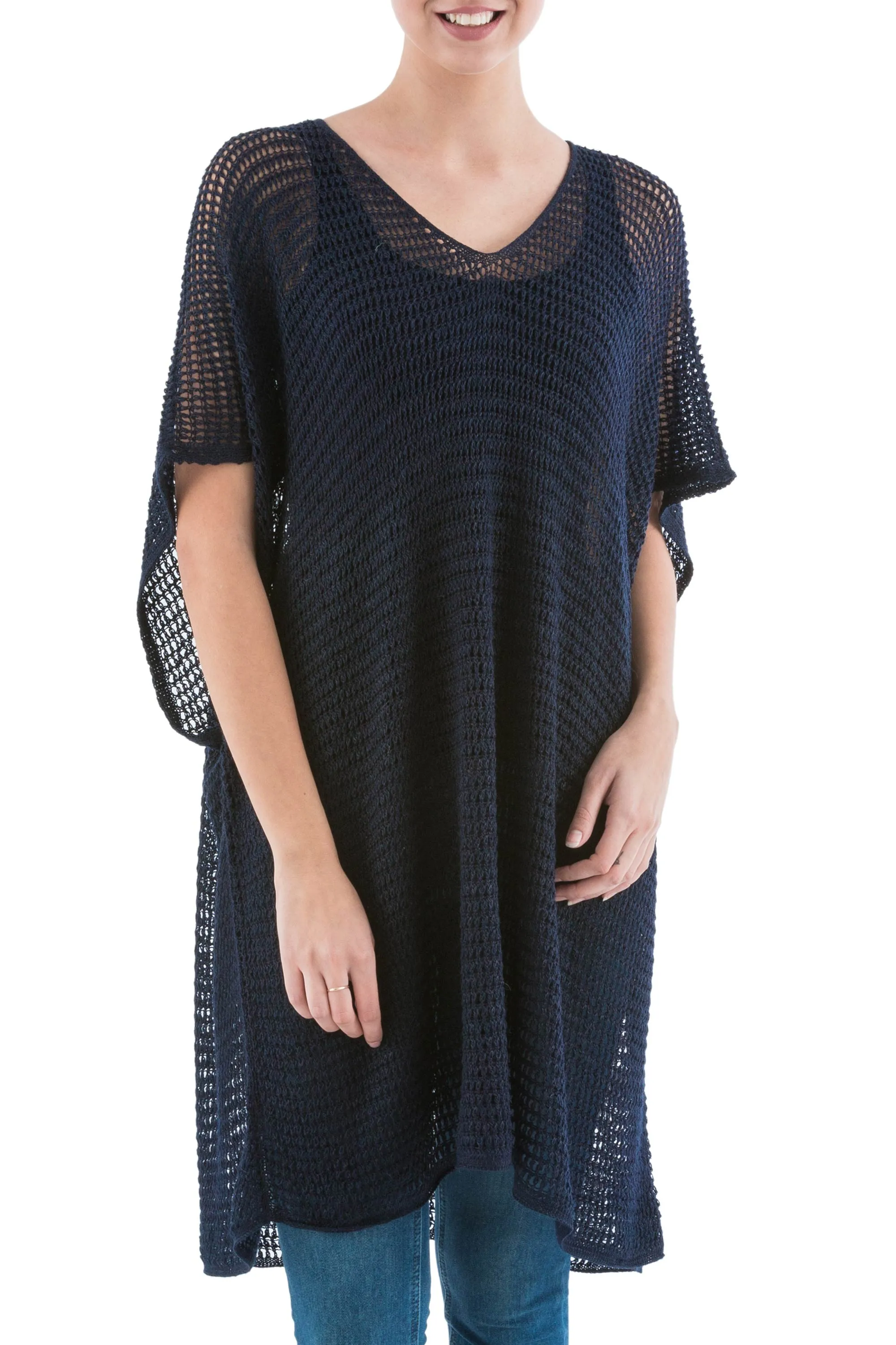 Navy Tunic with V Neck and Short Sleeves - Navy Dreamcatcher | NOVICA