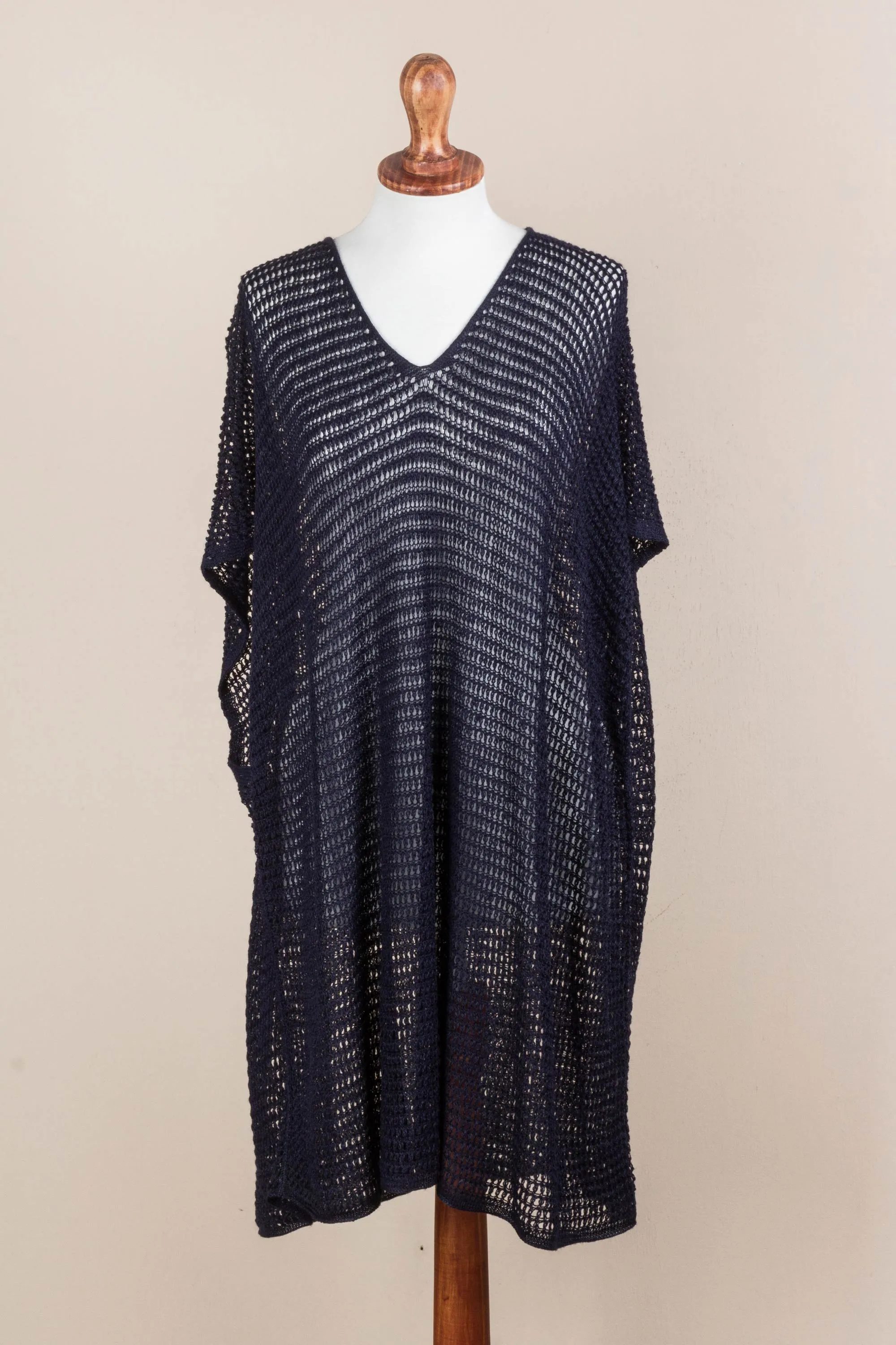 Navy Tunic with V Neck and Short Sleeves - Navy Dreamcatcher | NOVICA