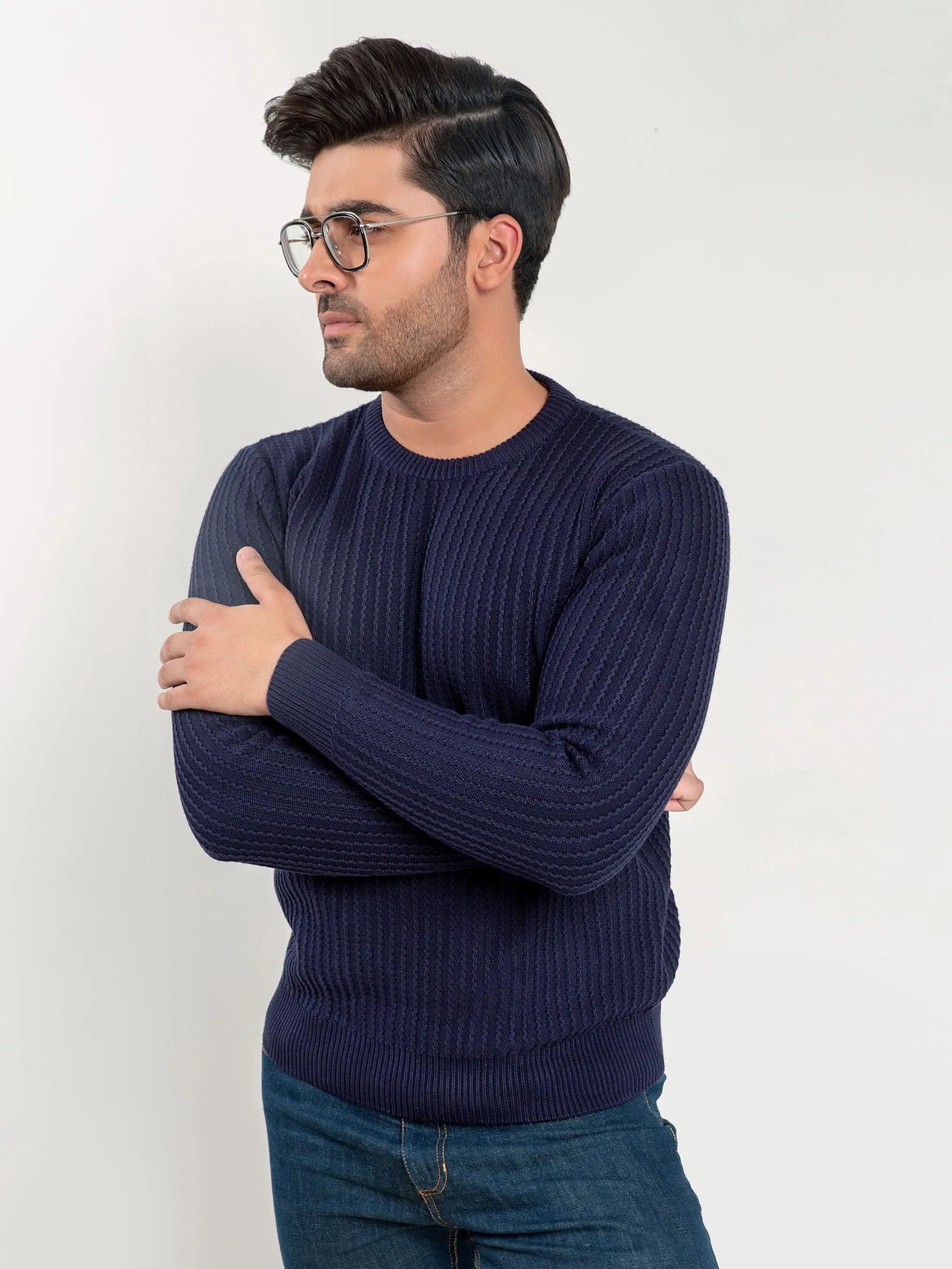 Navy Zig-Zag Textured Crew Neck Jumper