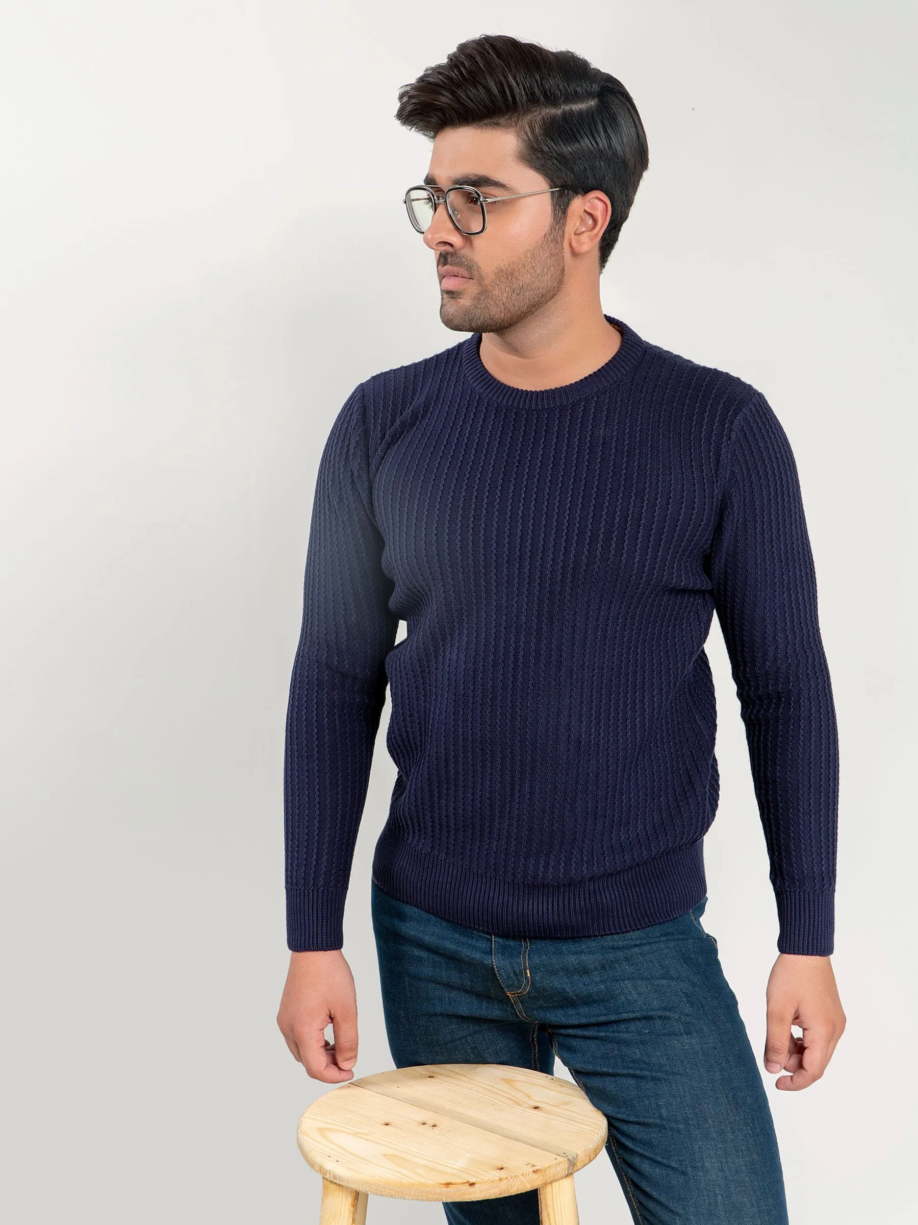 Navy Zig-Zag Textured Crew Neck Jumper