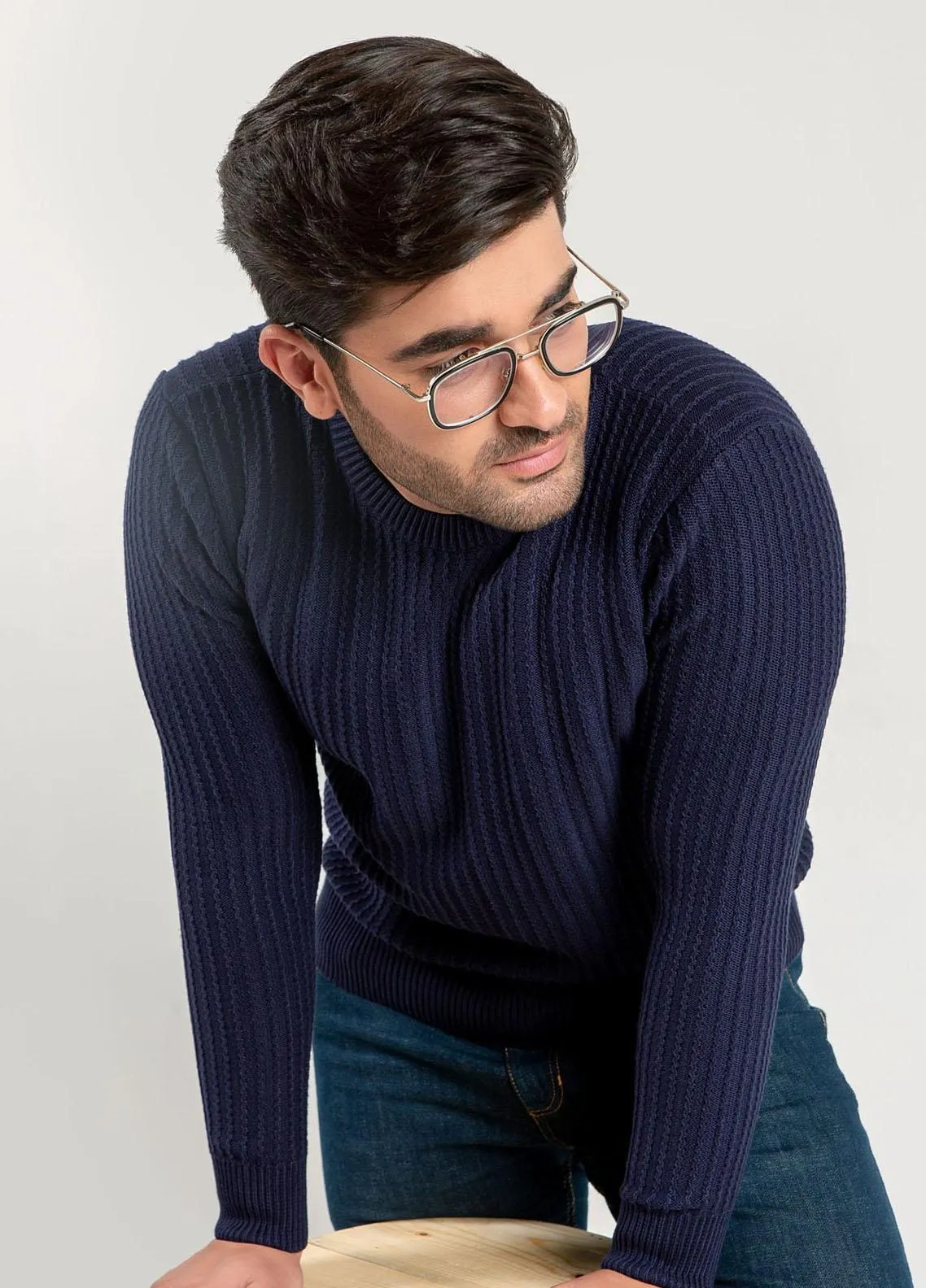 Navy Zig-Zag Textured Crew Neck Jumper