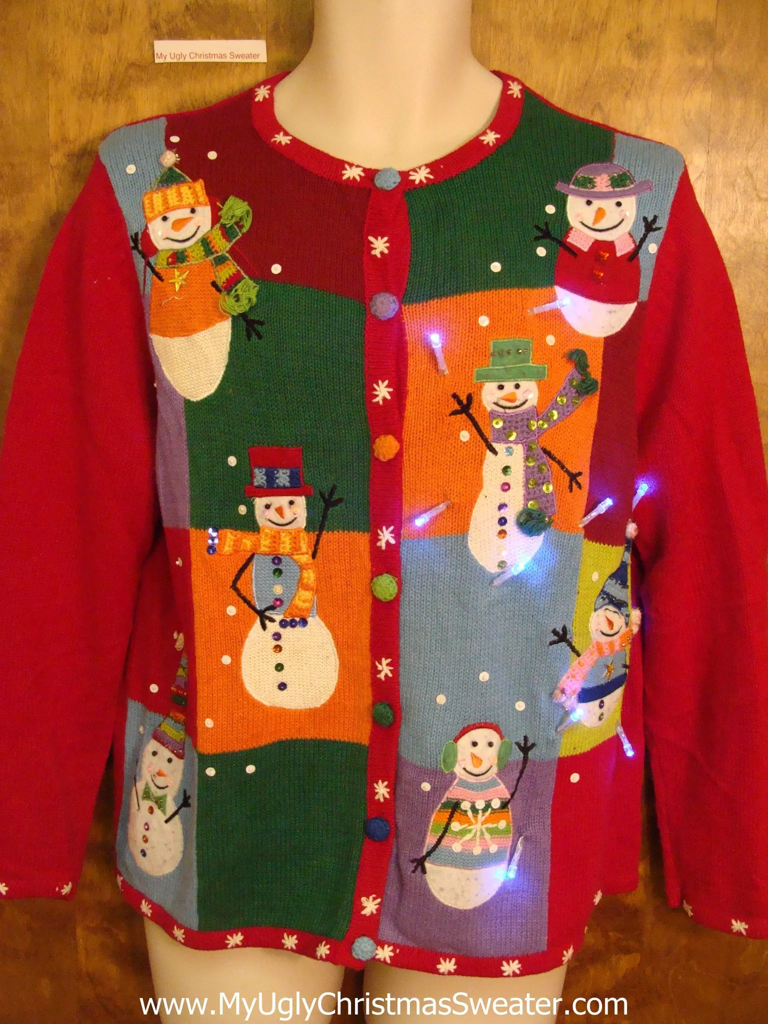 Patchwork Colorful Snowmen Tacky Xmas Sweater with Lights