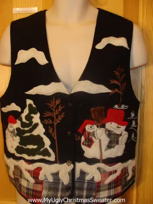 Plaid Themed Funny Christmas Sweater Vest Snowmen