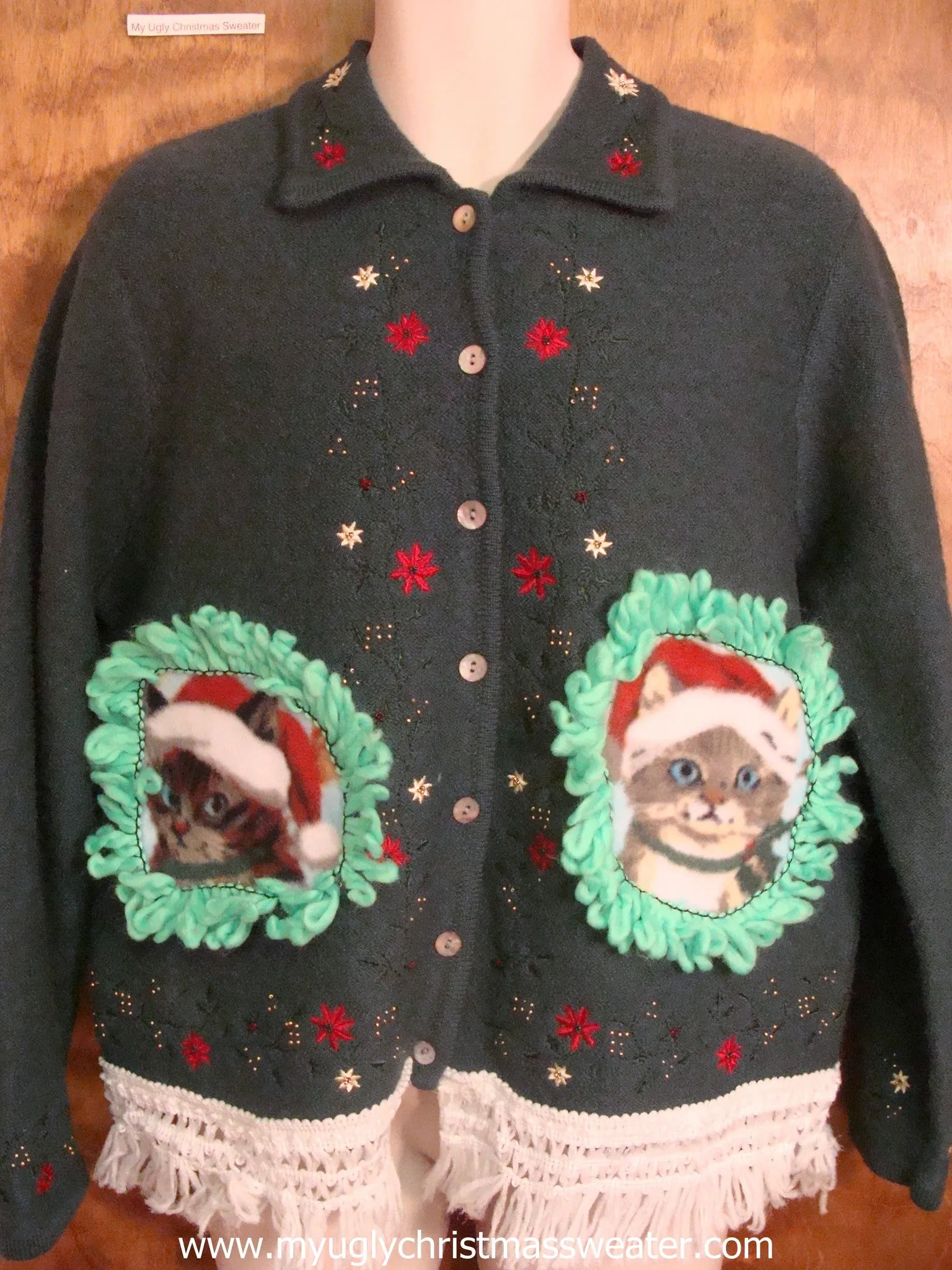 Poinsettias and Kitties Christmas Cat Ugly Sweater