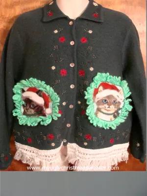 Poinsettias and Kitties Christmas Cat Ugly Sweater