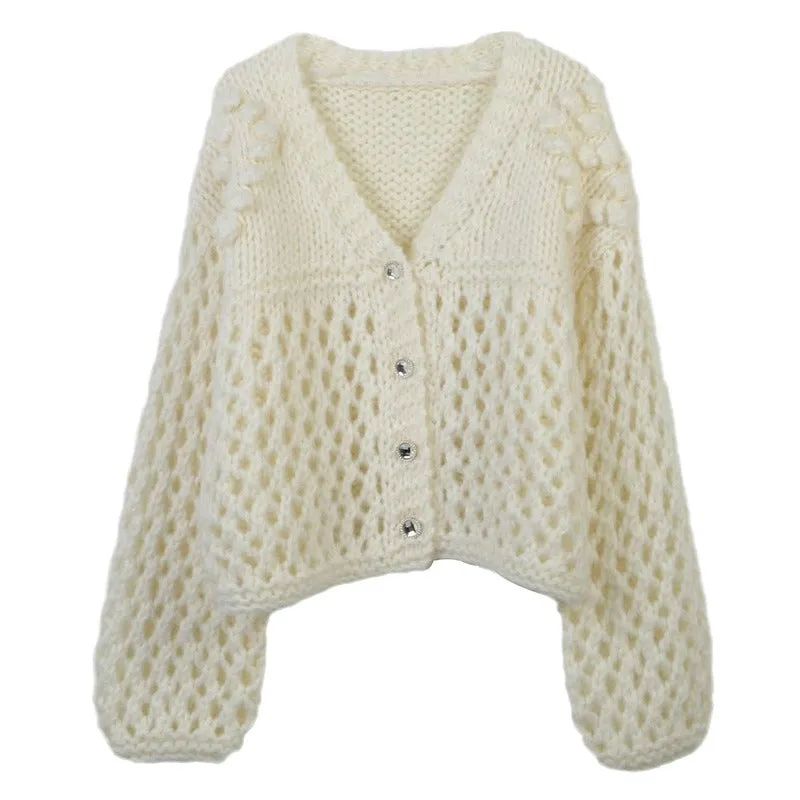 Pre Order:  V-Neck Long Sleeve Hollow Out Loose Knitted Cardigan