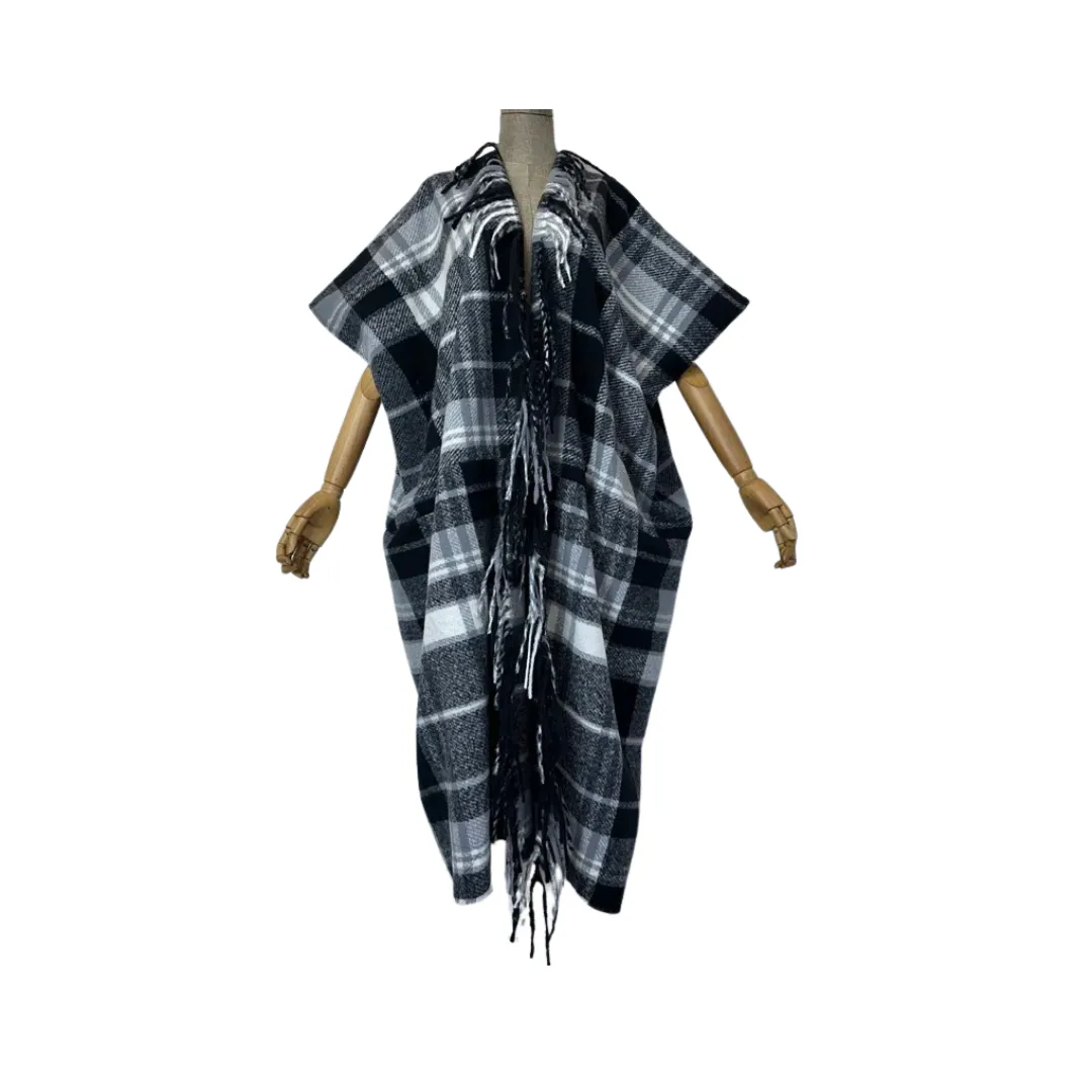 Pre Order:  Warm Plaid Corded Tassel Poncho Cardigan  - WINI