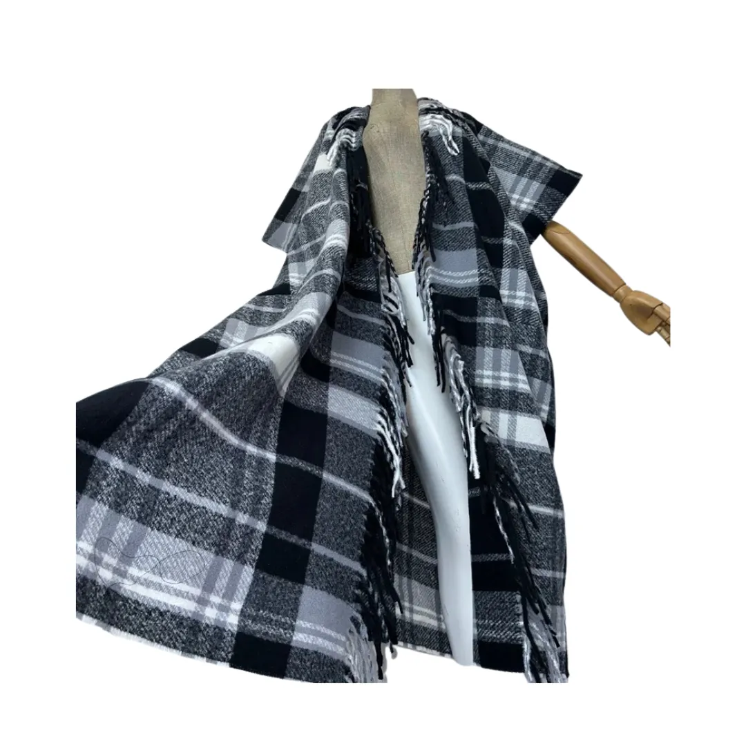 Pre Order:  Warm Plaid Corded Tassel Poncho Cardigan  - WINI