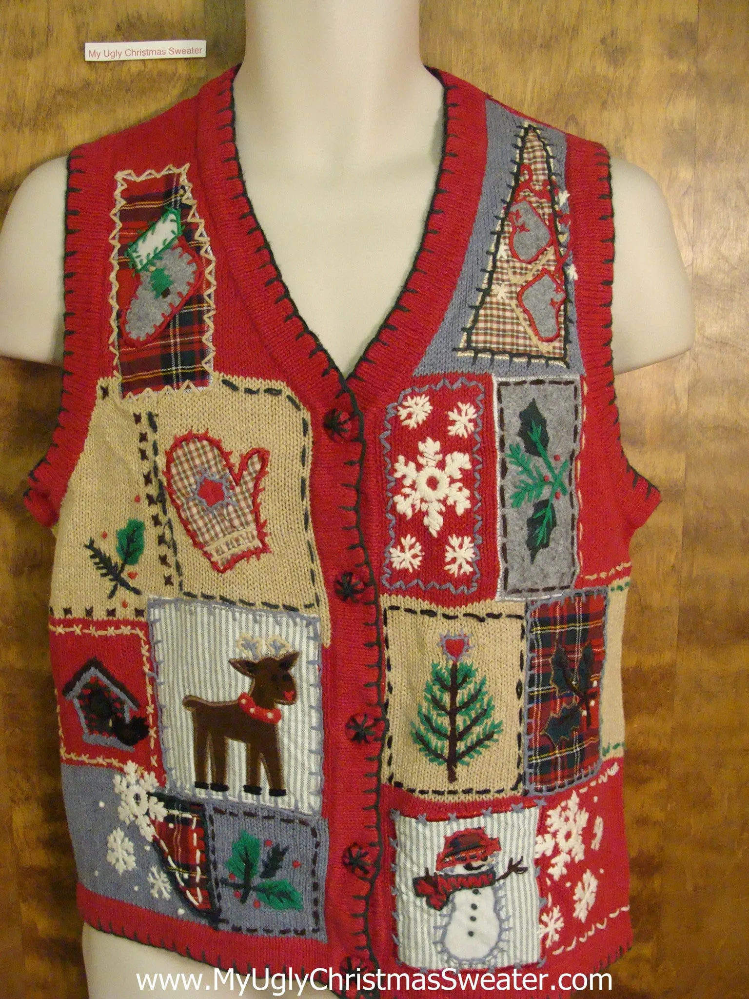 Red Crafty Ugliest Christmas Sweater Vest with Reindeer