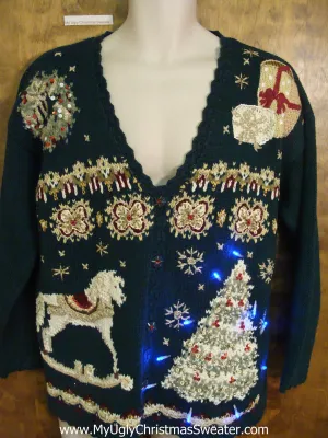 Rocking Horse and Tree Tacky Xmas Sweater with Lights