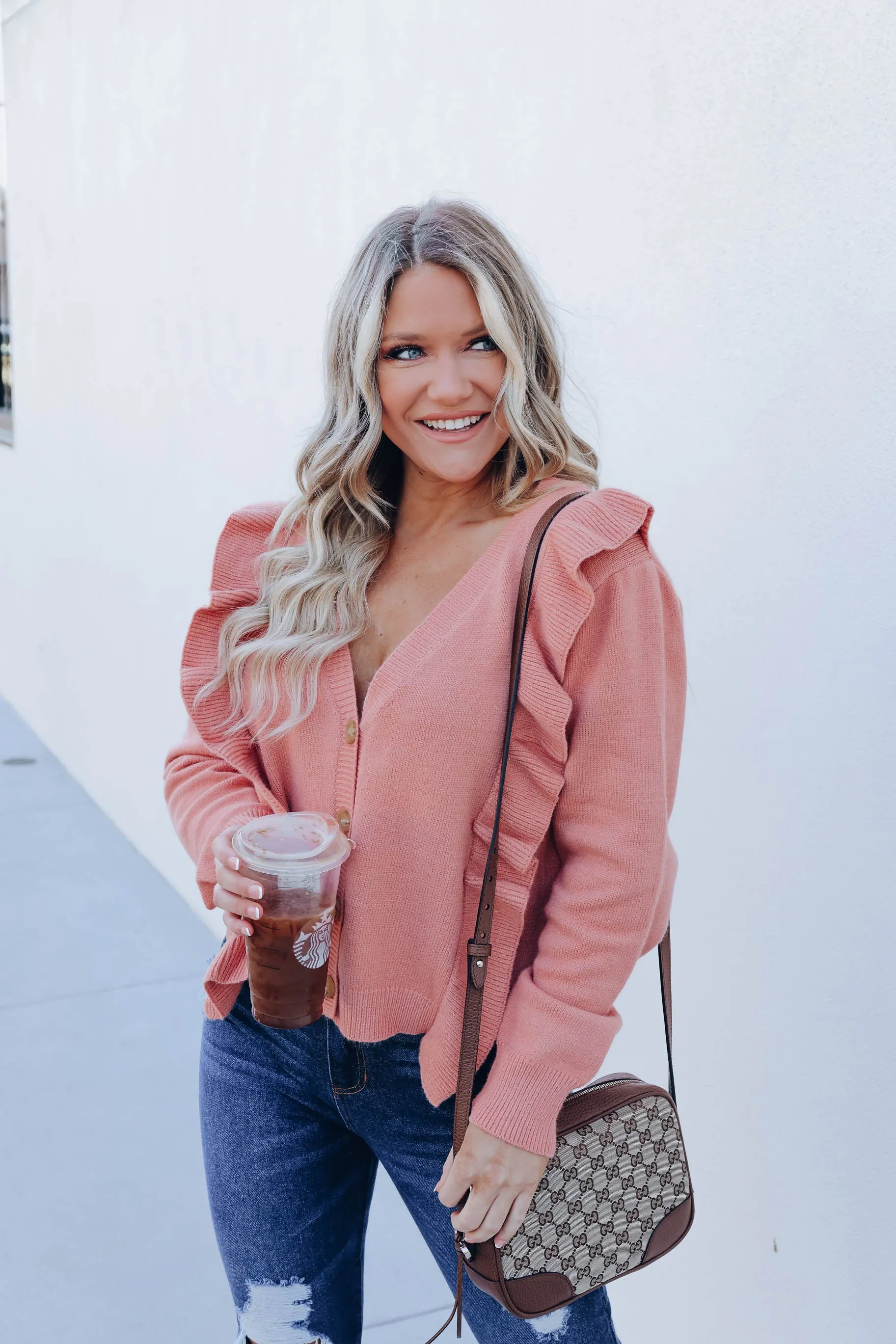 Roman Button Up Ruffle Cardigan - Salmon