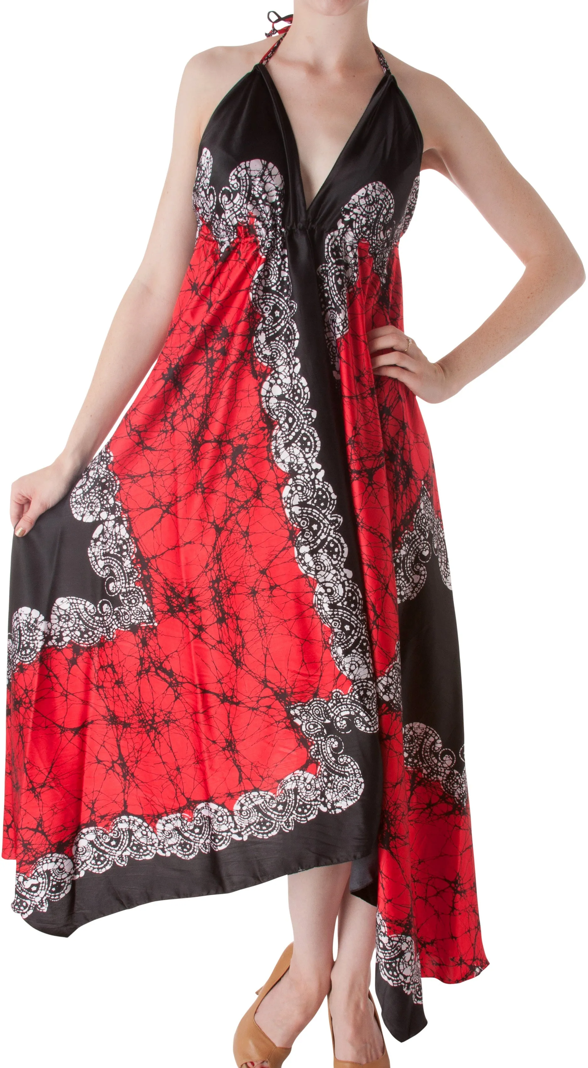 Sakkas Veins Print Satin V-Neck Halter Handkerchief Hem Dress