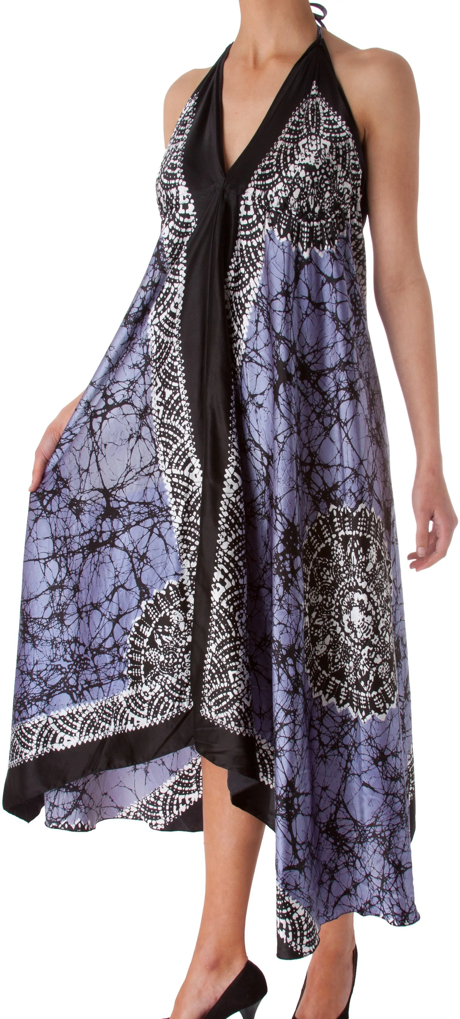 Sakkas Veins Print Satin V-Neck Halter Handkerchief Hem Dress