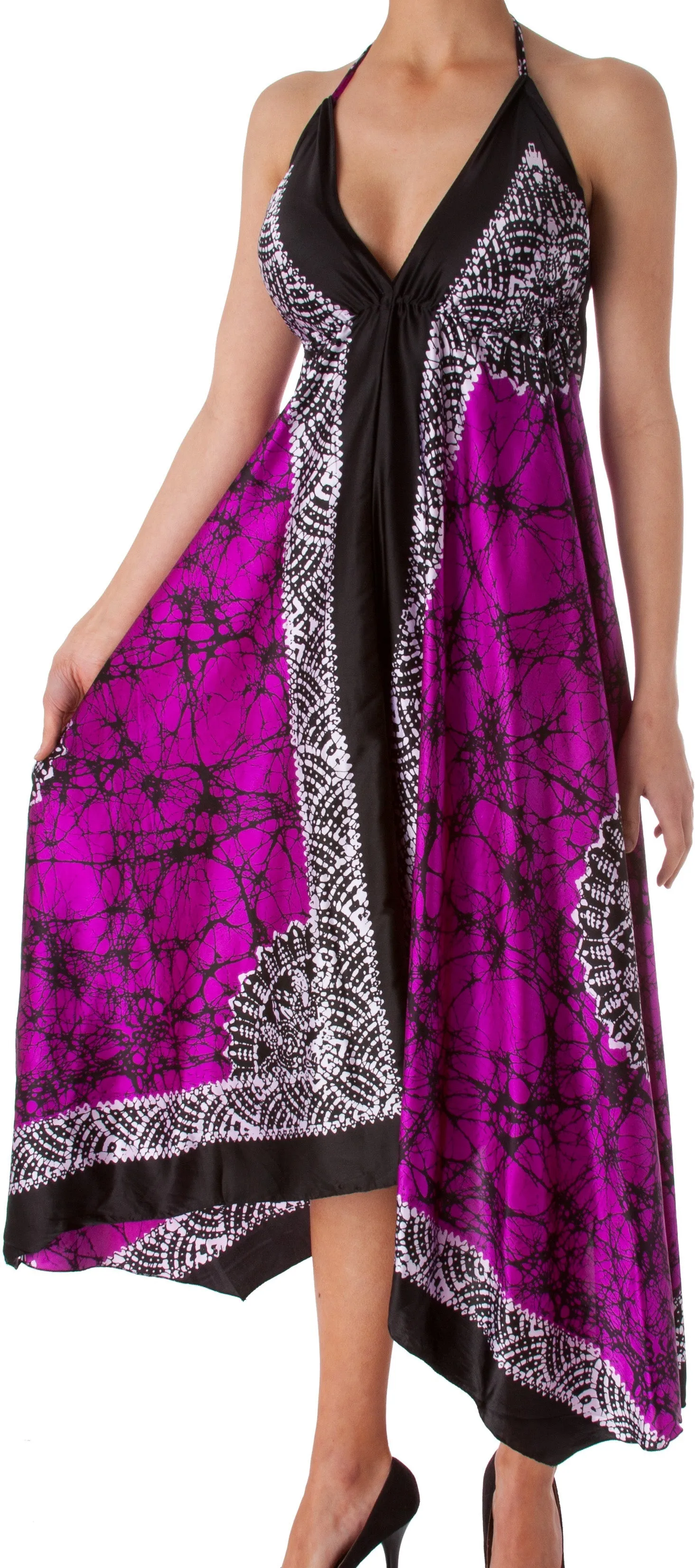 Sakkas Veins Print Satin V-Neck Halter Handkerchief Hem Dress