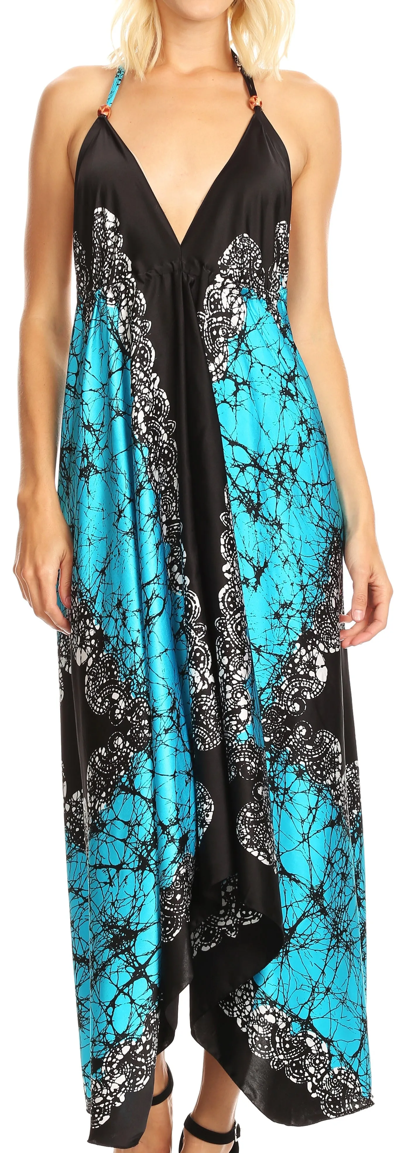 Sakkas Veins Print Satin V-Neck Halter Handkerchief Hem Dress