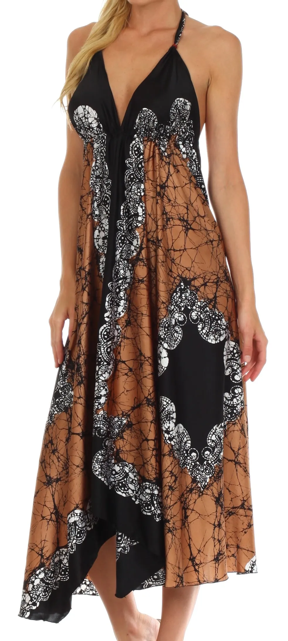 Sakkas Veins Print Satin V-Neck Halter Handkerchief Hem Dress