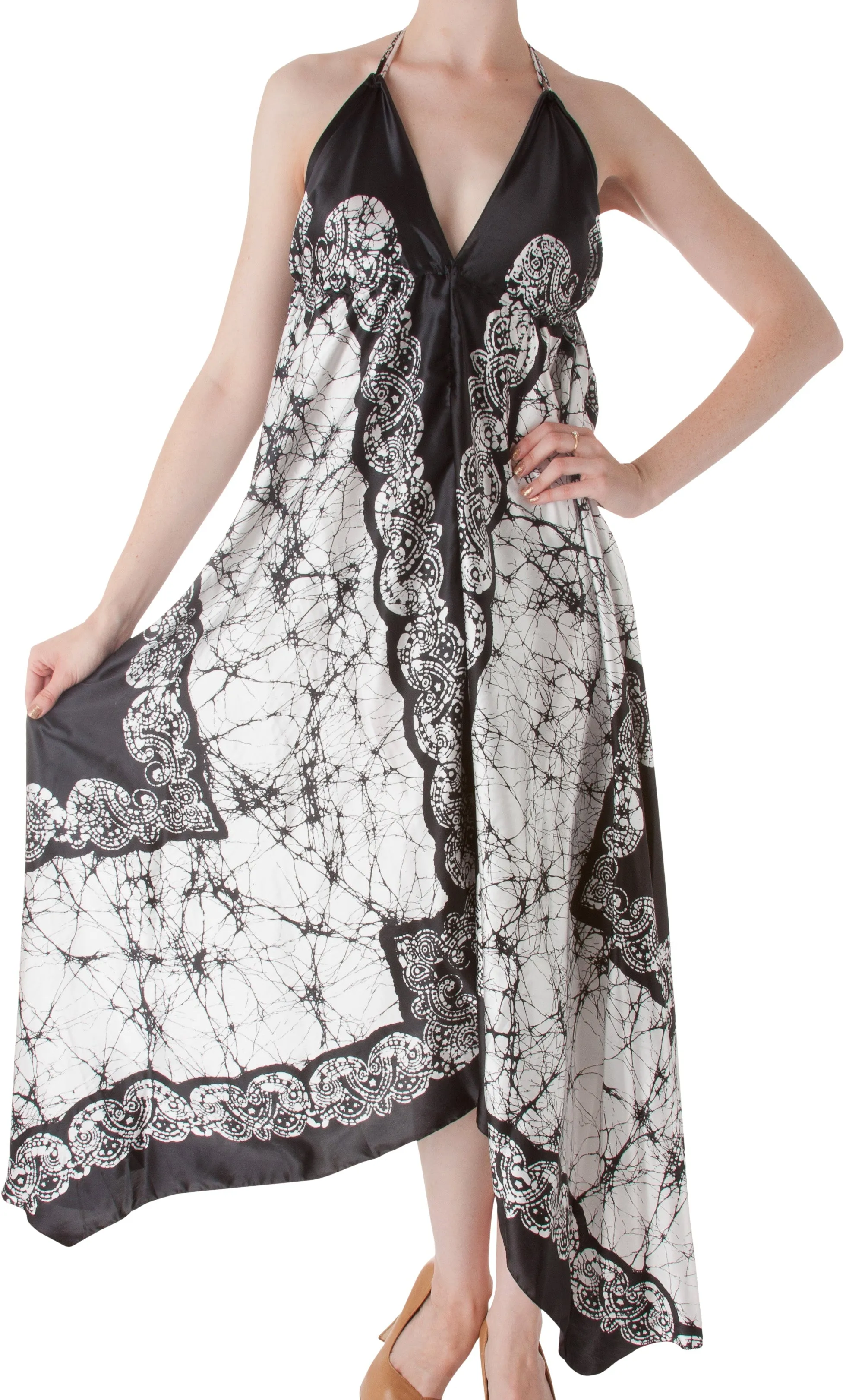 Sakkas Veins Print Satin V-Neck Halter Handkerchief Hem Dress