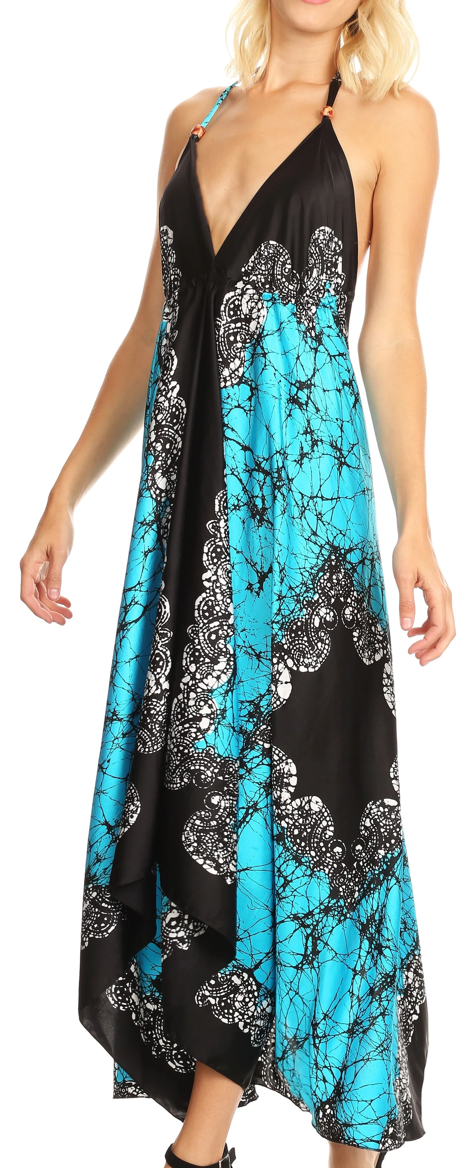 Sakkas Veins Print Satin V-Neck Halter Handkerchief Hem Dress