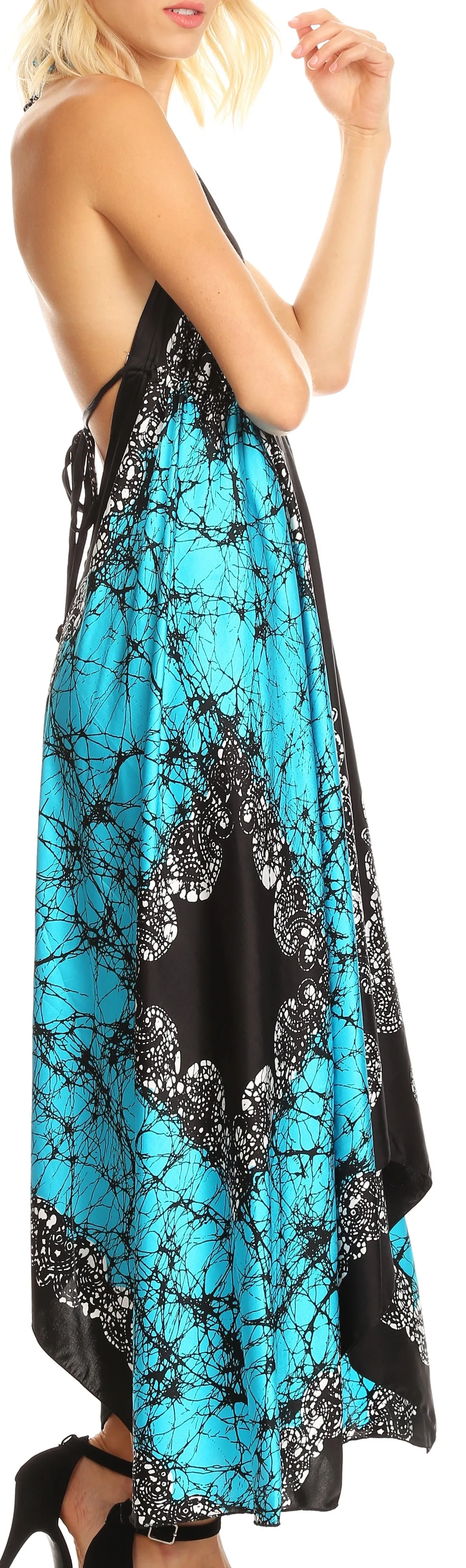 Sakkas Veins Print Satin V-Neck Halter Handkerchief Hem Dress