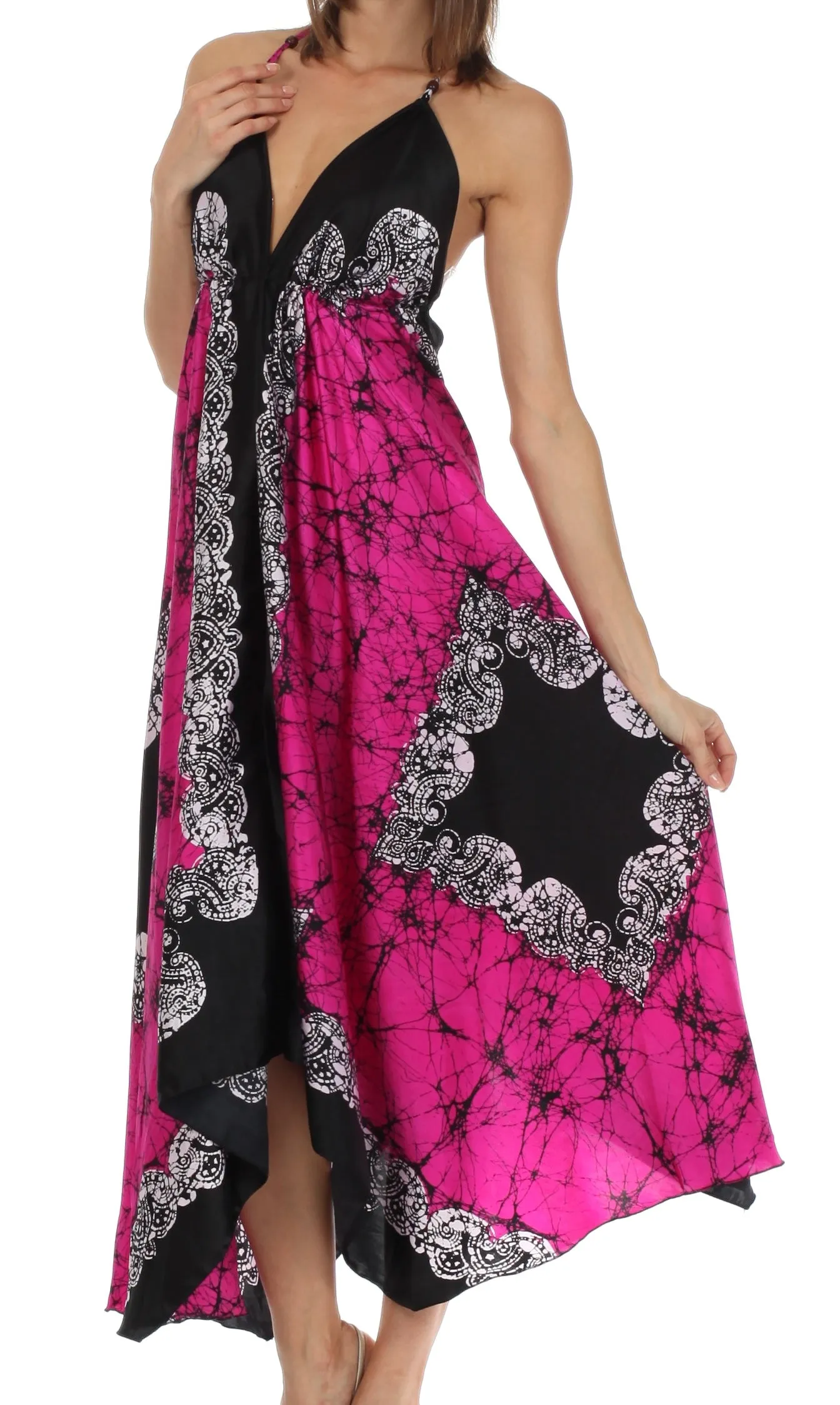 Sakkas Veins Print Satin V-Neck Halter Handkerchief Hem Dress