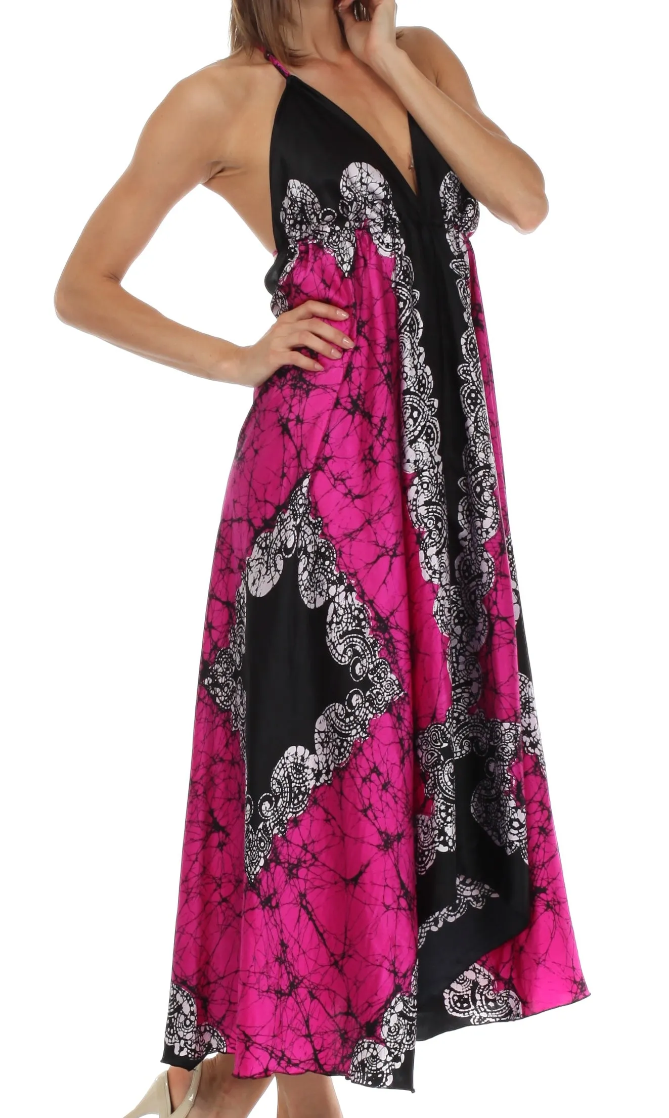 Sakkas Veins Print Satin V-Neck Halter Handkerchief Hem Dress