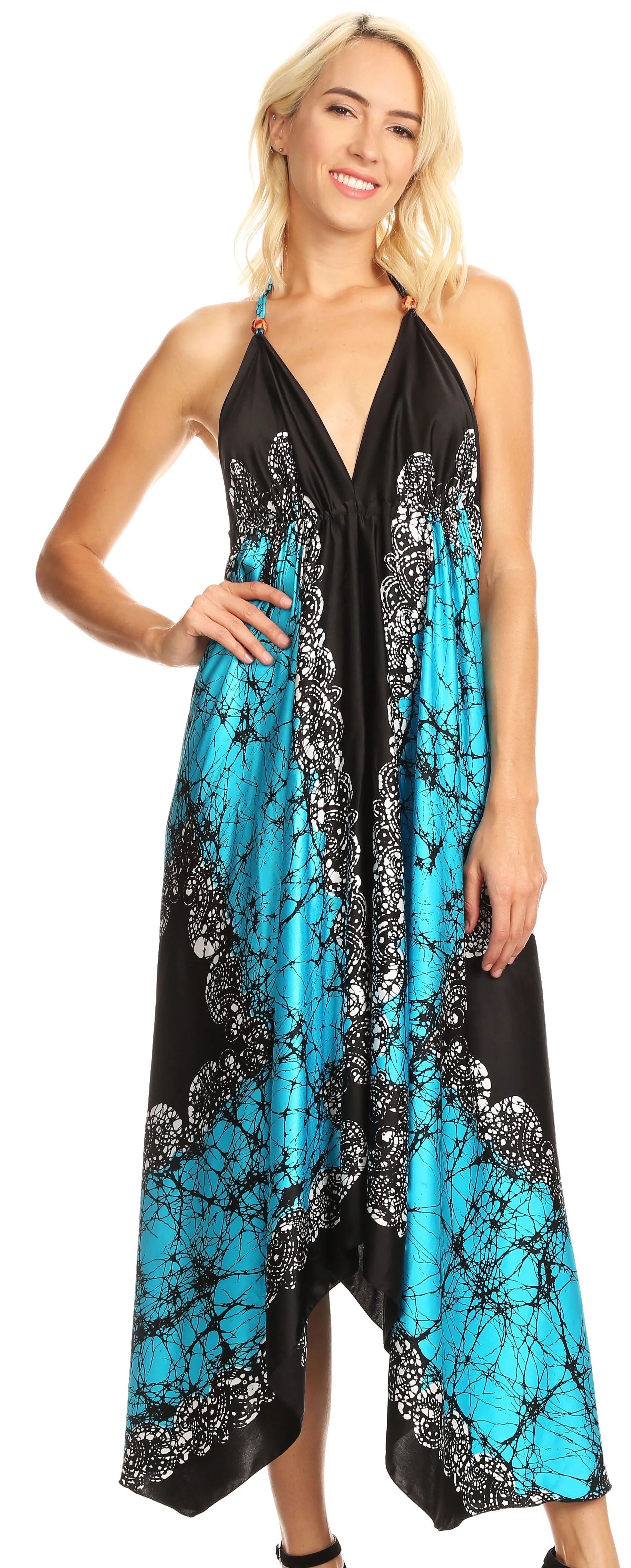 Sakkas Veins Print Satin V-Neck Halter Handkerchief Hem Dress